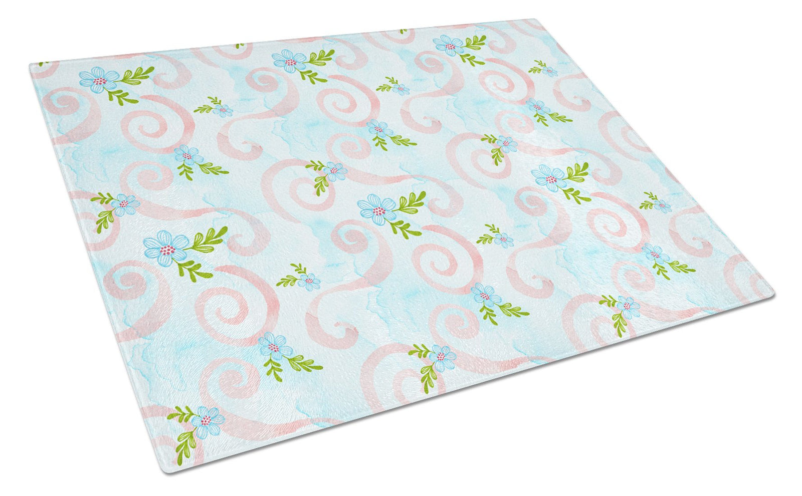 Watercolor Blue Flowers and Swirls Glass Cutting Board Large BB7482LCB by Caroline's Treasures