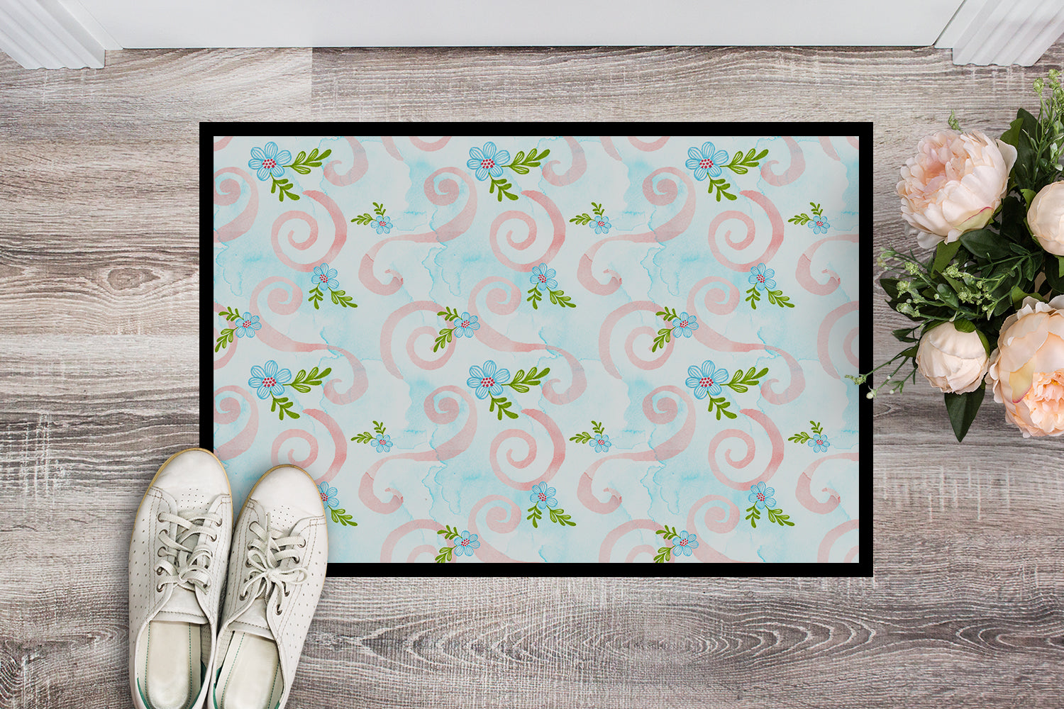 Watercolor Blue Flowers and Swirls Indoor or Outdoor Mat 18x27 BB7482MAT - the-store.com
