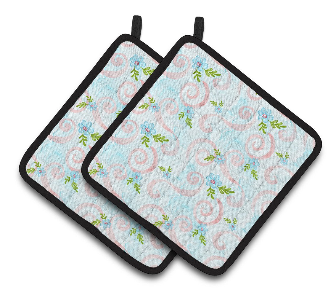Watercolor Blue Flowers and Swirls Pair of Pot Holders BB7482PTHD by Caroline&#39;s Treasures