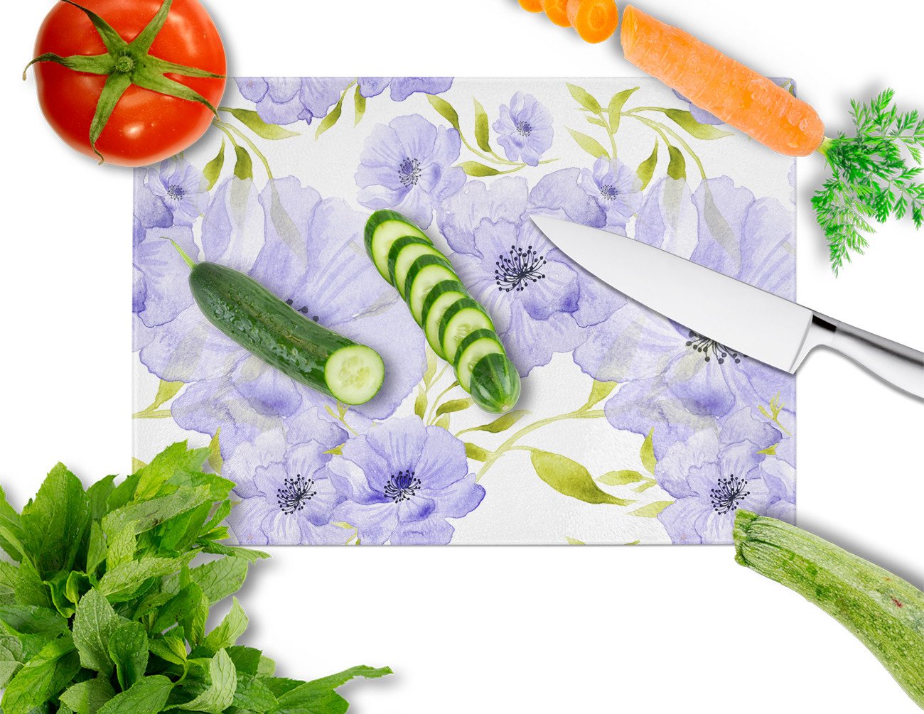 Caroline's Treasures Watercolor Blue Flowers Glass Cutting Boards – Durable, Decorative Kitchen Art Large BB7491LCB