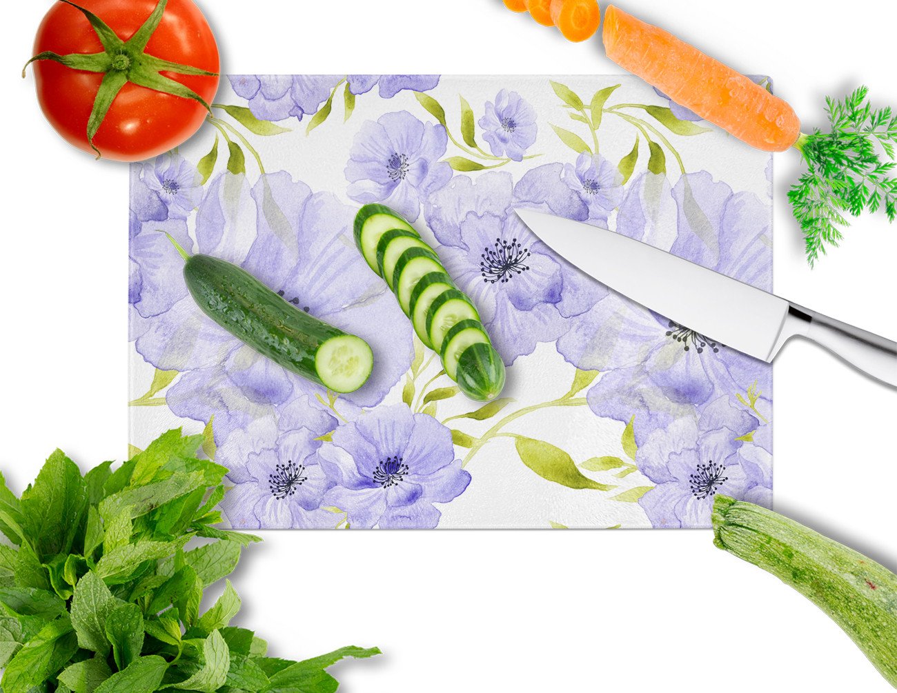 Watercolor Blue Flowers Glass Cutting Board Large BB7491LCB by Caroline's Treasures