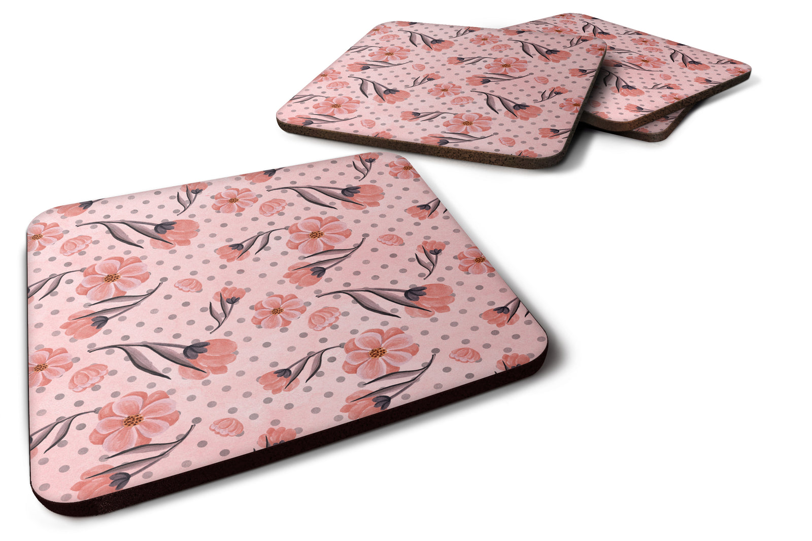 Pink Flowers and Polka Dots Foam Coaster Set of 4 BB7499FC - the-store.com