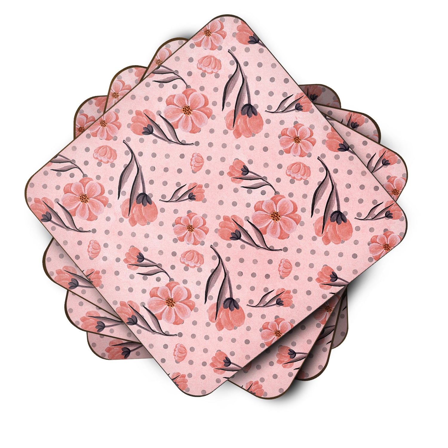 Pink Flowers and Polka Dots Foam Coaster Set of 4 BB7499FC - the-store.com