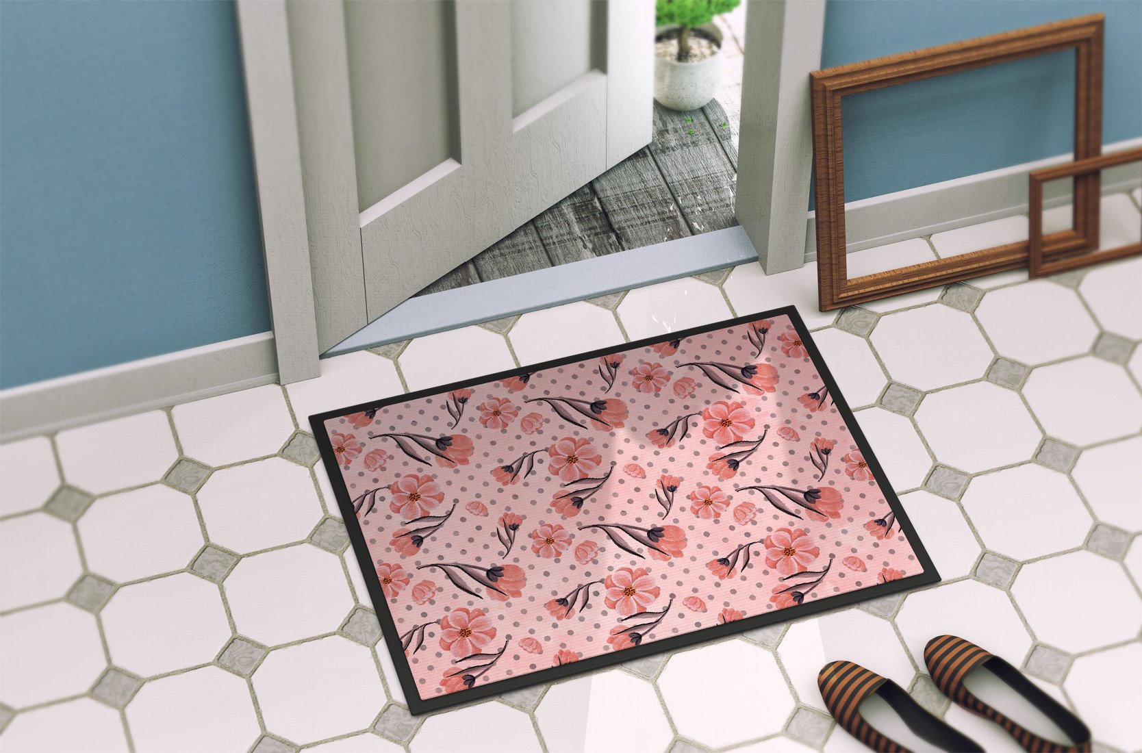 Pink Flowers and Polka Dots Indoor or Outdoor Mat 24x36 BB7499JMAT by Caroline's Treasures