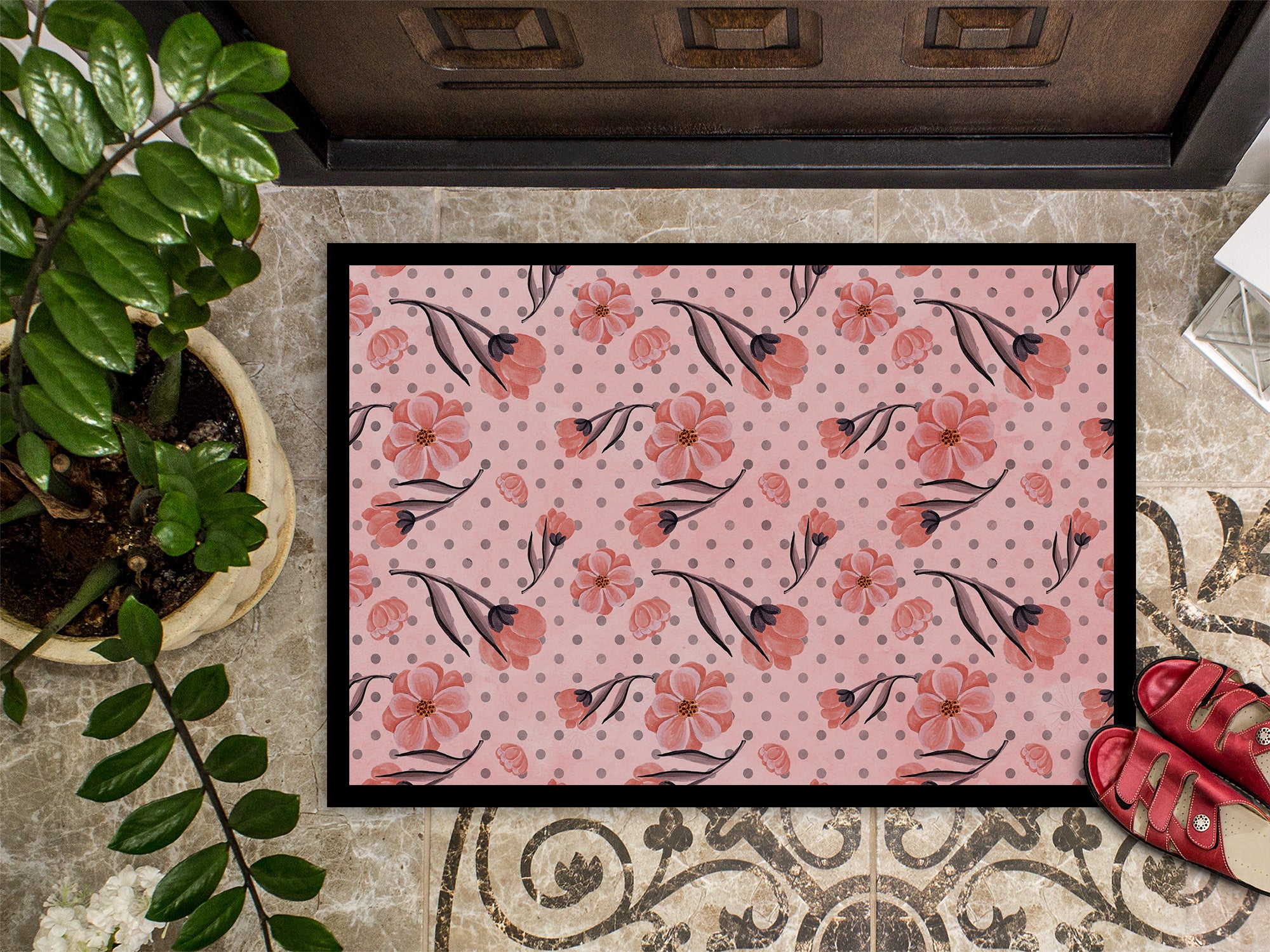 Pink Flowers and Polka Dots Indoor or Outdoor Mat 18x27 BB7499MAT - the-store.com