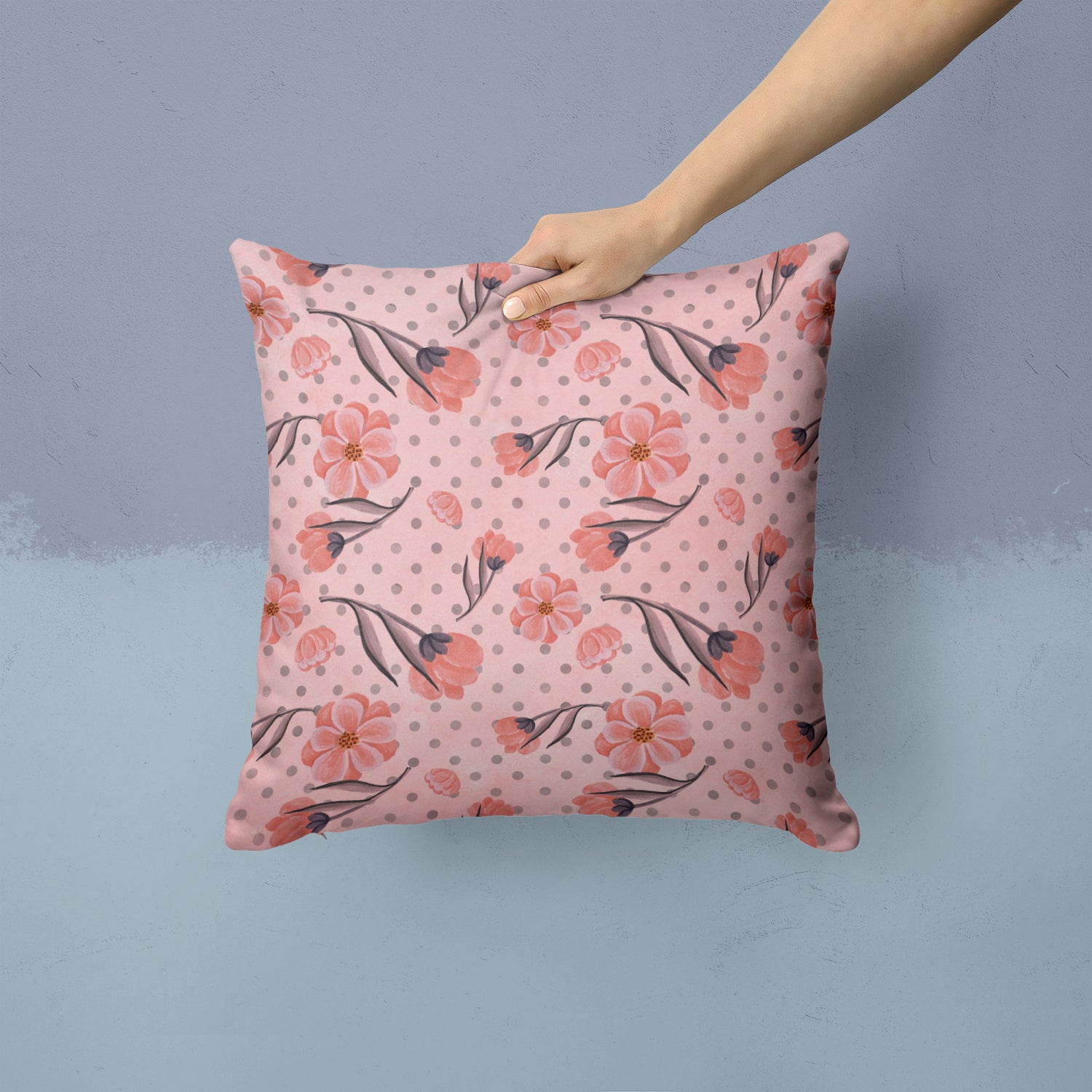 Pink Flowers and Polka Dots Fabric Decorative Pillow BB7499PW1414 - the-store.com