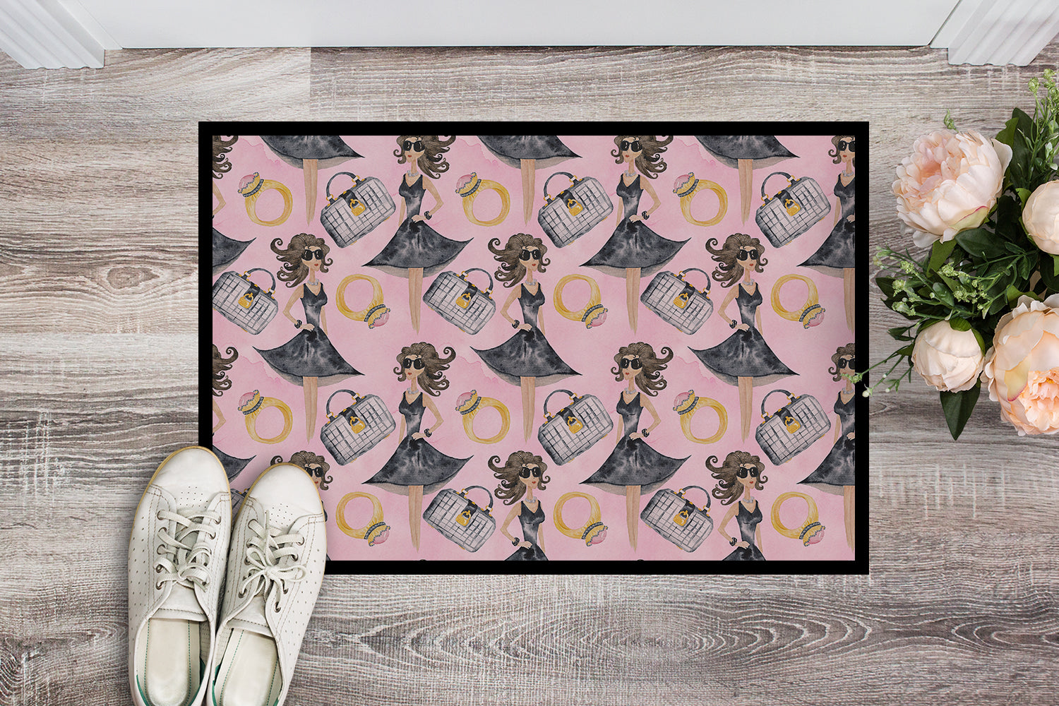 Watercolor Fashion Diva on Pink Indoor or Outdoor Mat 18x27 BB7500MAT - the-store.com