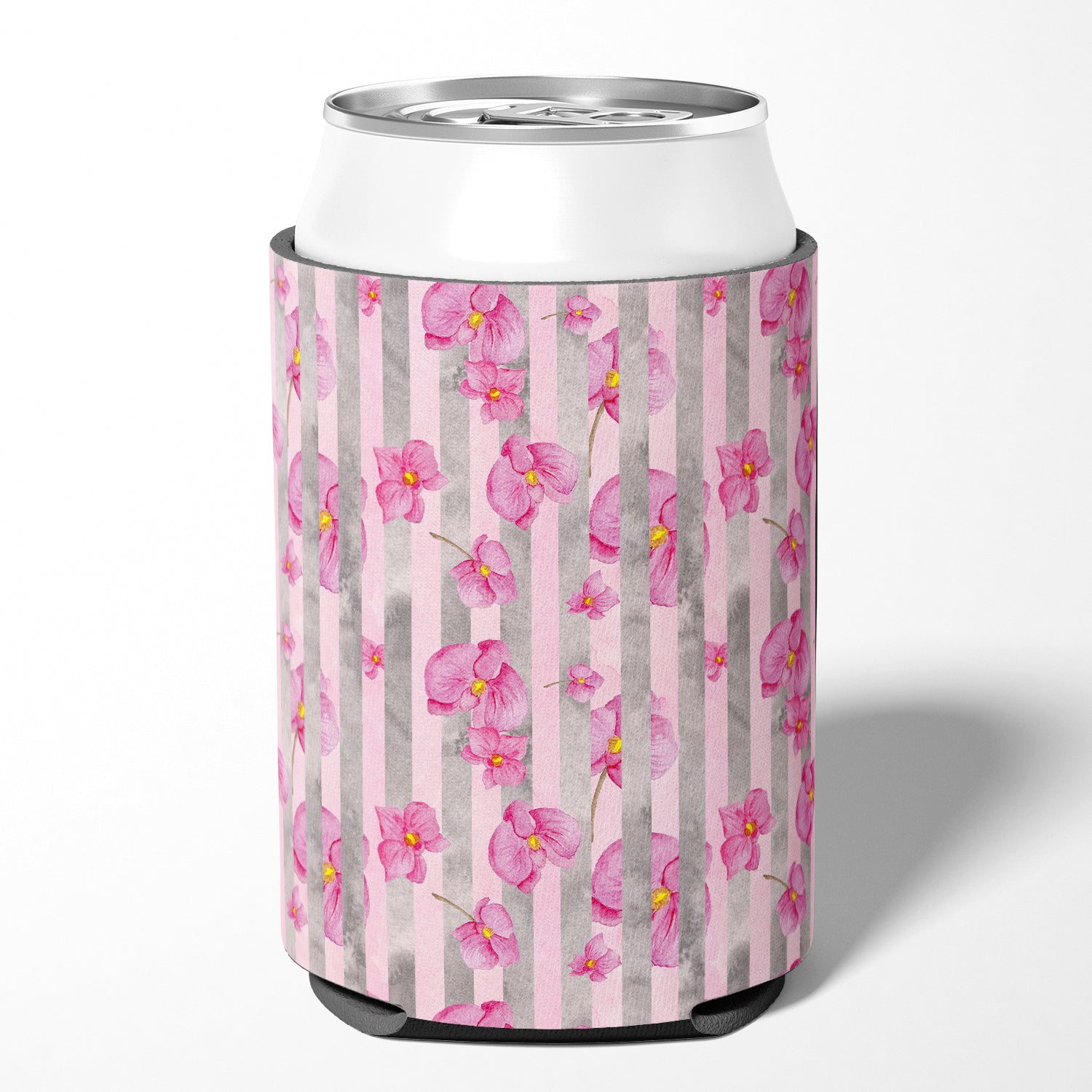 Watercolor Pink Flowers Grey Stripes Can or Bottle Hugger BB7502CC  the-store.com.
