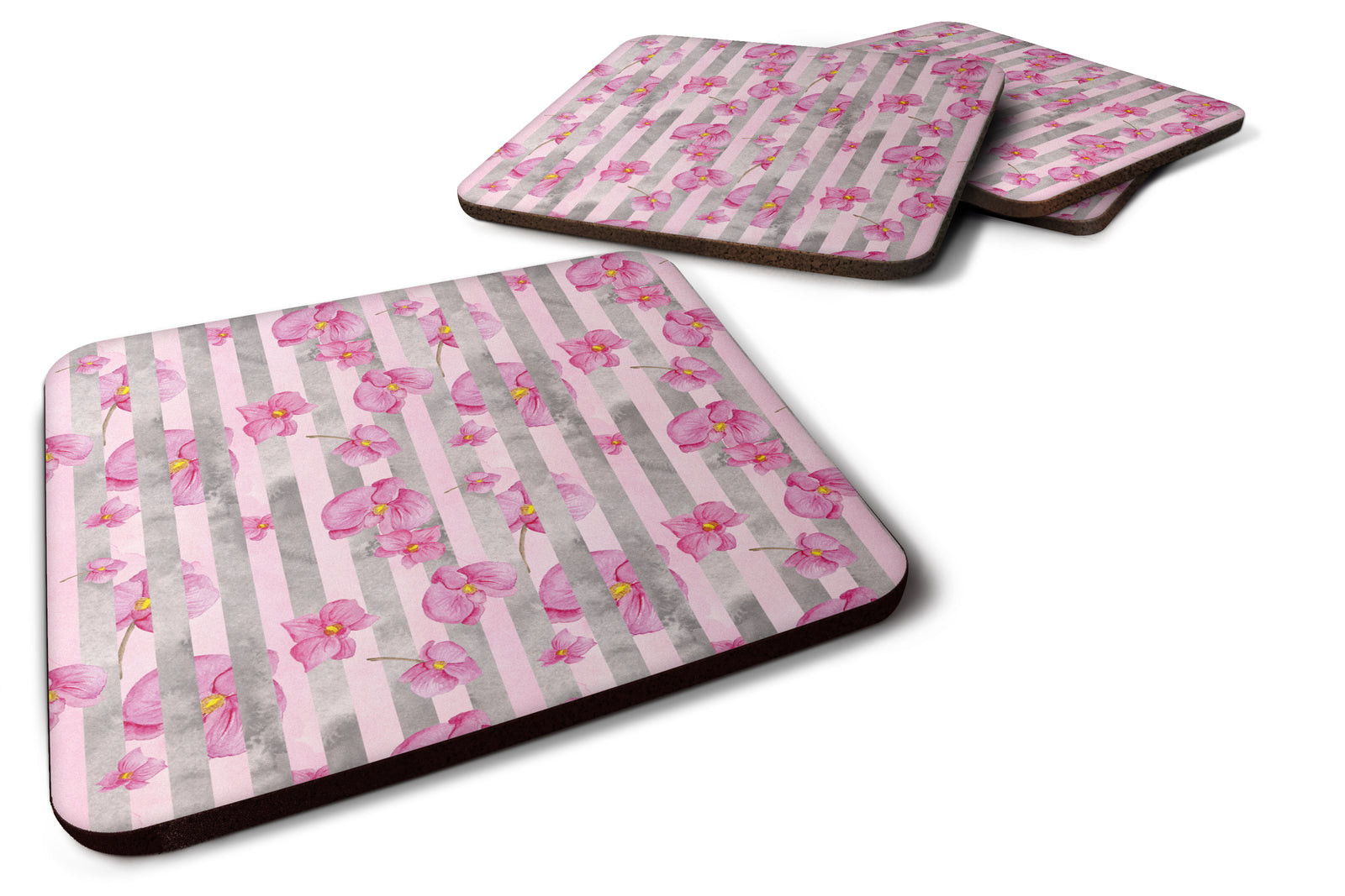 Watercolor Pink Flowers Grey Stripes Foam Coaster Set of 4 BB7502FC - the-store.com