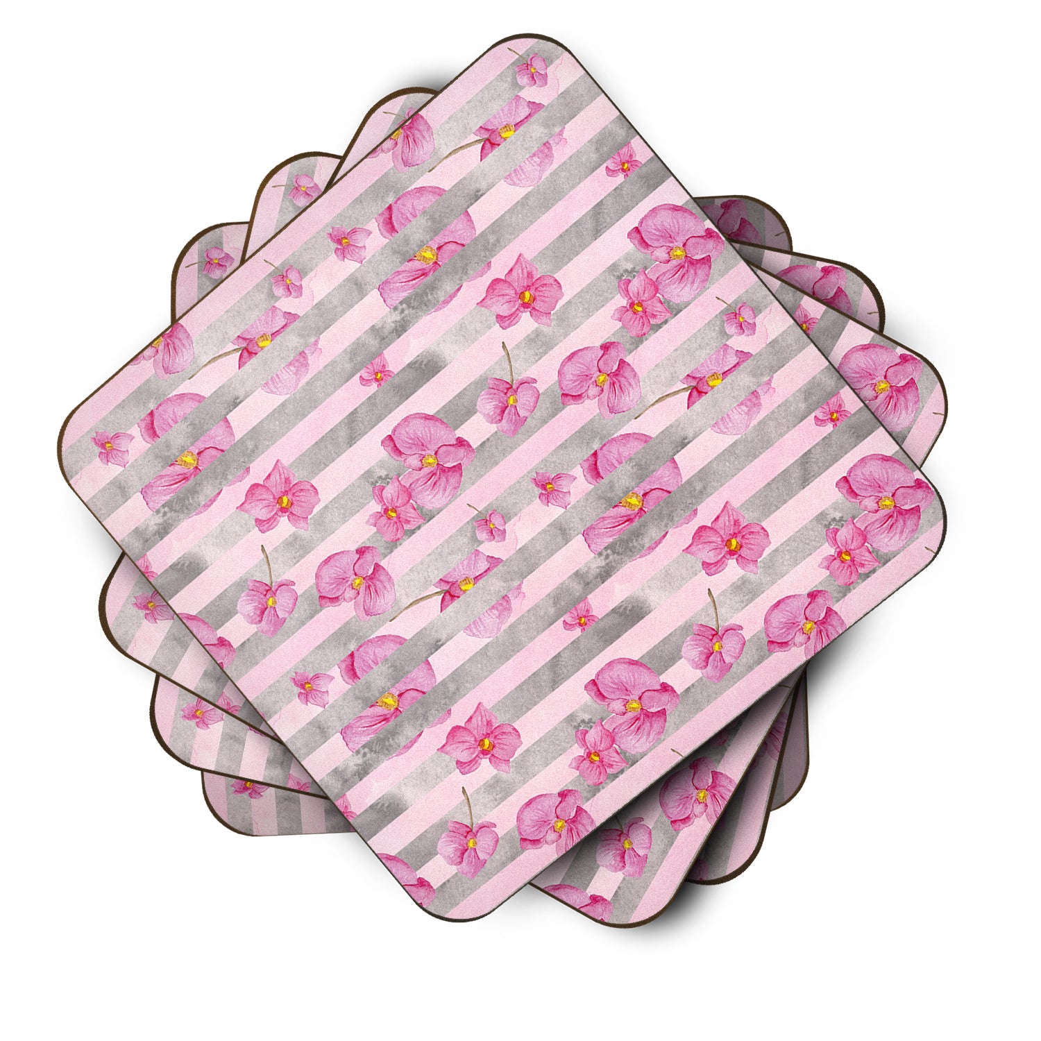 Watercolor Pink Flowers Grey Stripes Foam Coaster Set of 4 BB7502FC - the-store.com