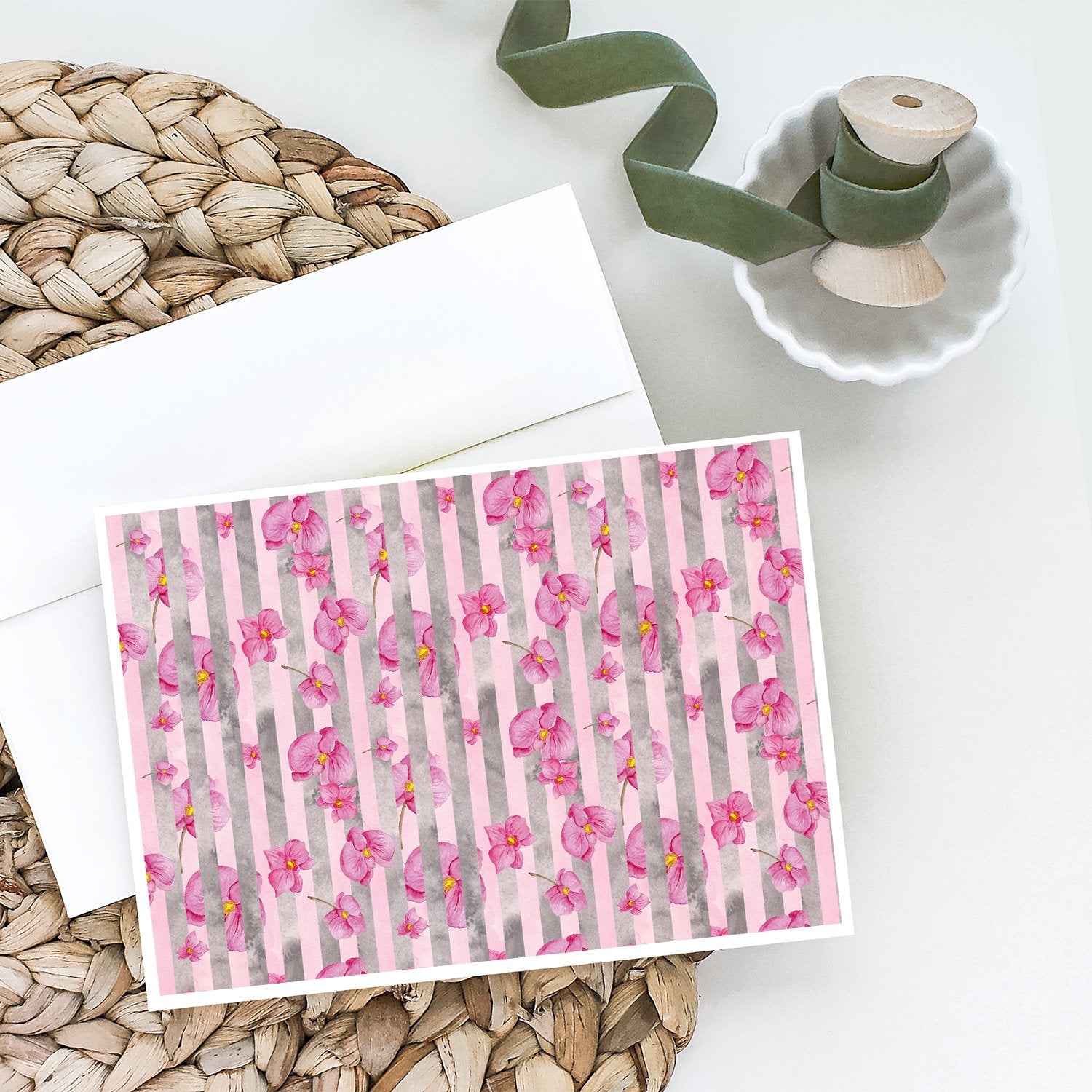 Watercolor Pink Flowers Grey Stripes Greeting Cards and Envelopes Pack of 8 - the-store.com