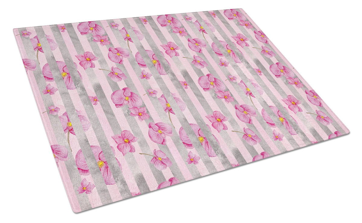 Watercolor Pink Flowers Grey Stripes Glass Cutting Board Large BB7502LCB by Caroline&#39;s Treasures