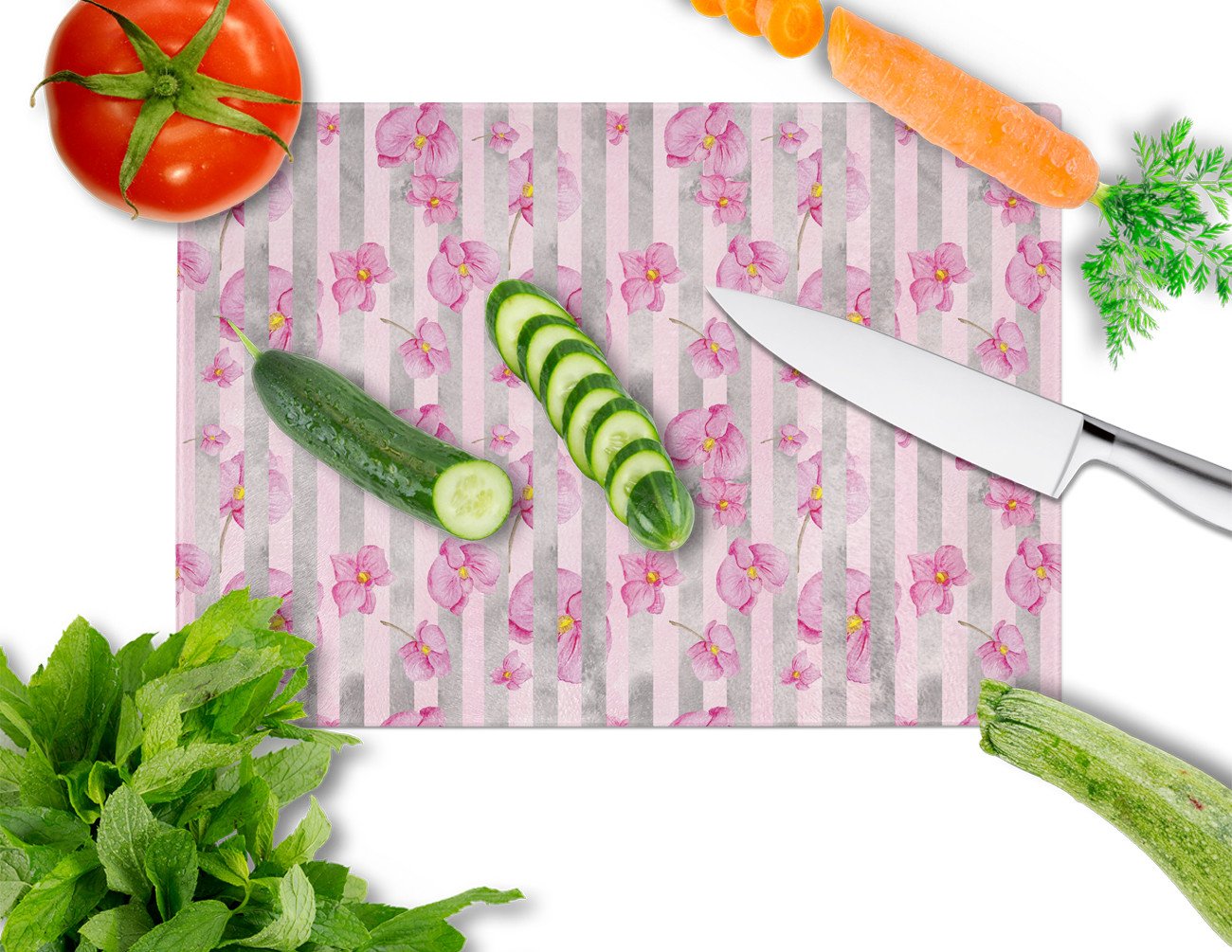 Watercolor Pink Flowers Grey Stripes Glass Cutting Board Large BB7502LCB by Caroline's Treasures