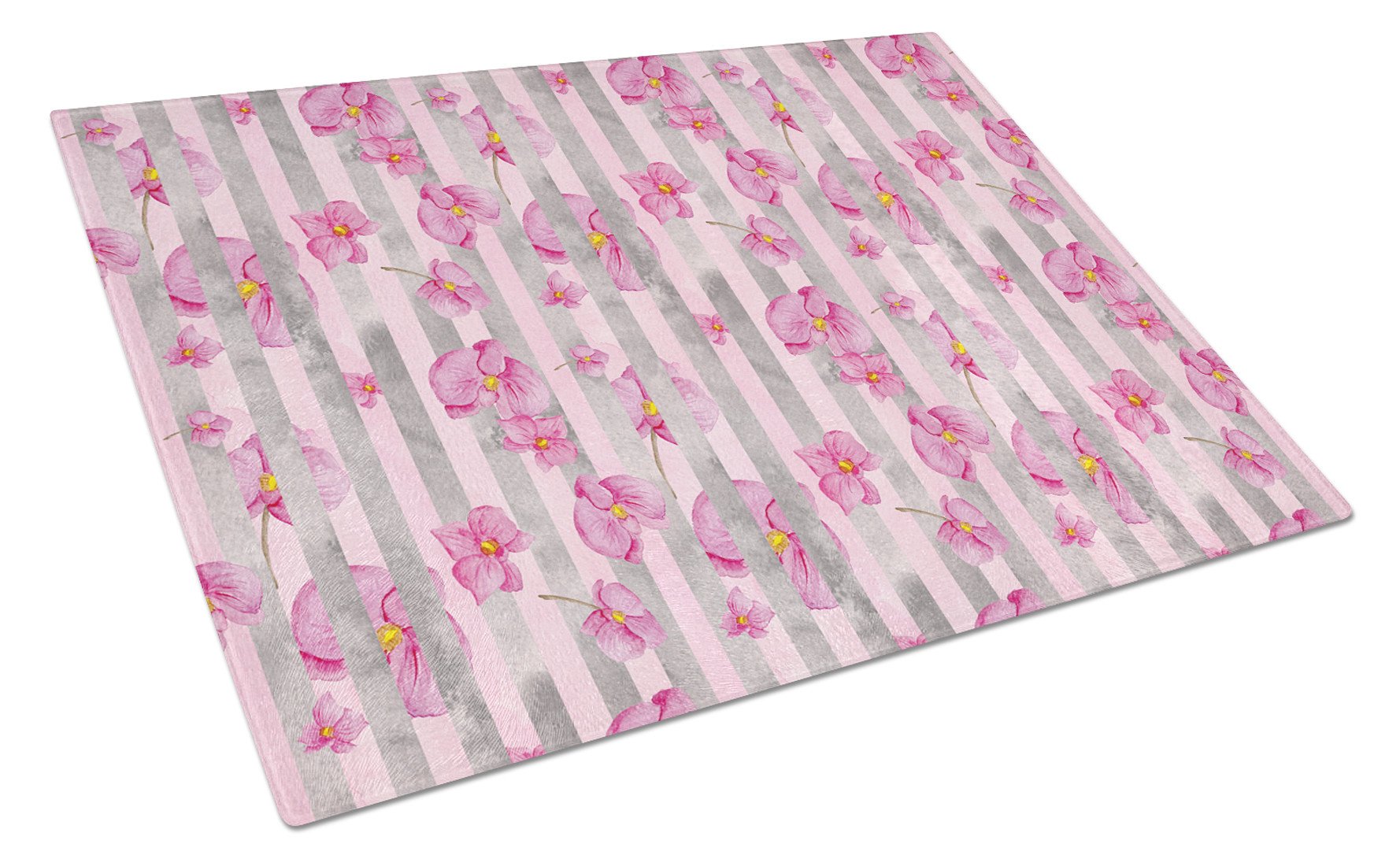 Watercolor Pink Flowers Grey Stripes Glass Cutting Board Large BB7502LCB by Caroline's Treasures