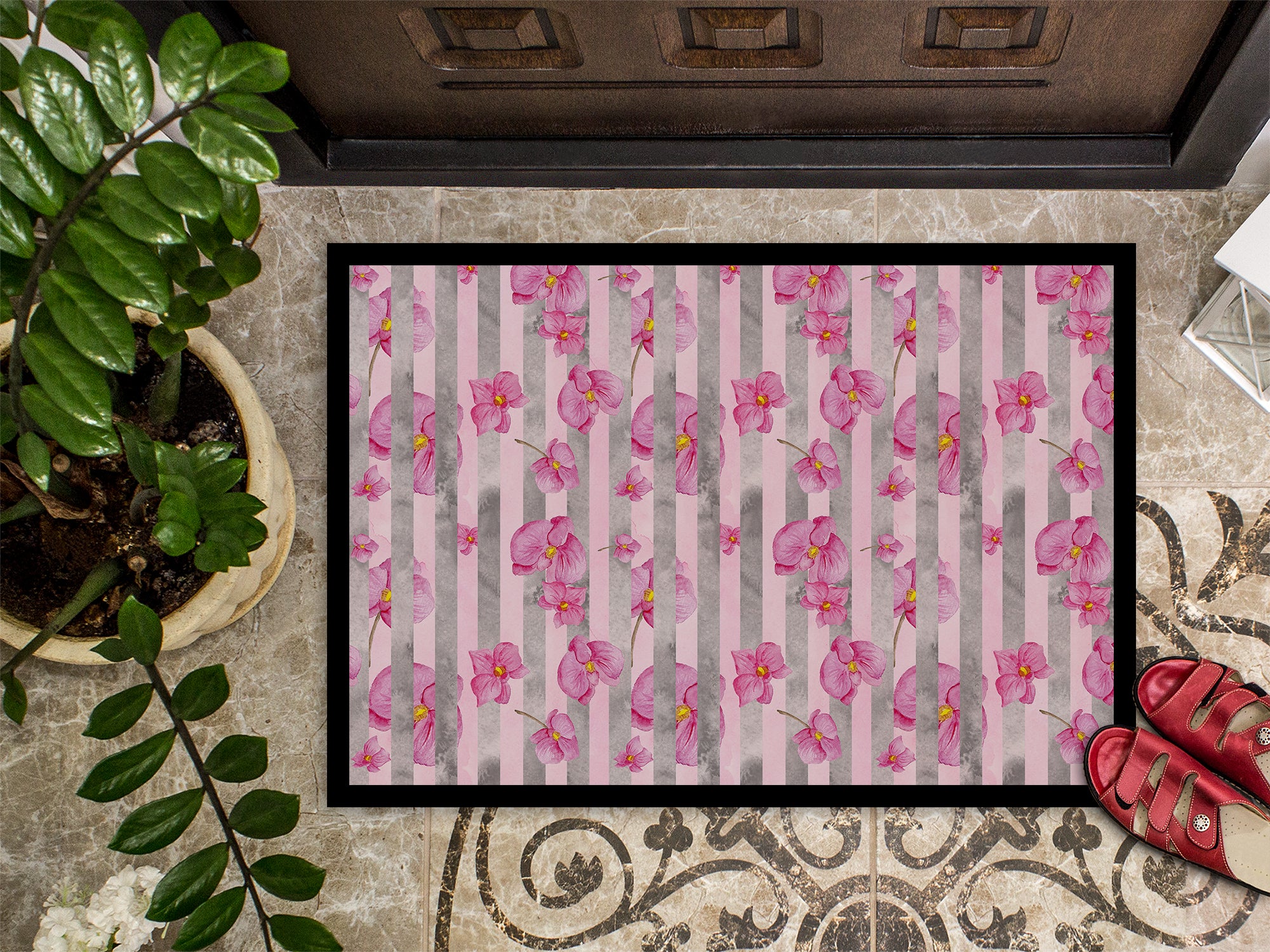 Watercolor Pink Flowers Grey Stripes Indoor or Outdoor Mat 18x27 BB7502MAT - the-store.com