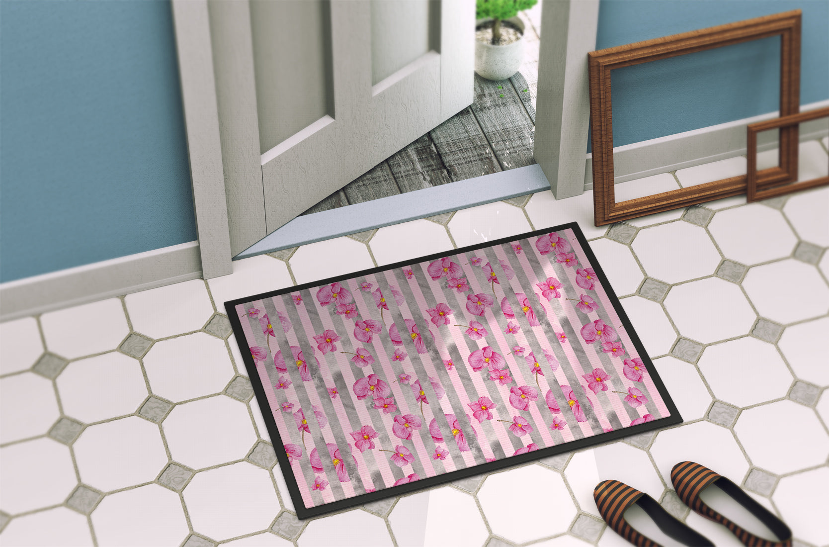 Watercolor Pink Flowers Grey Stripes Indoor or Outdoor Mat 18x27 BB7502MAT - the-store.com