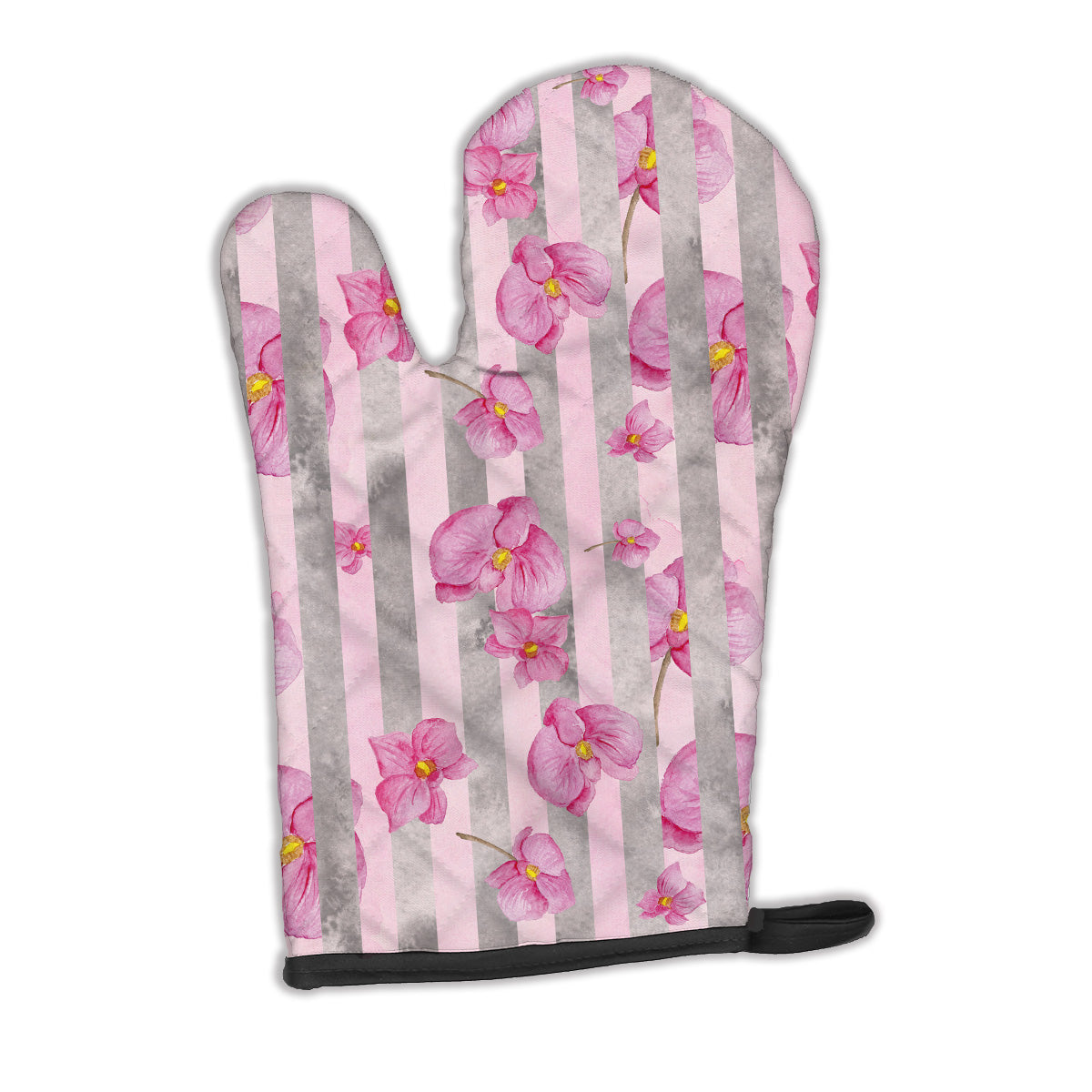 Watercolor Pink Flowers Grey Stripes Oven Mitt BB7502OVMT  the-store.com.