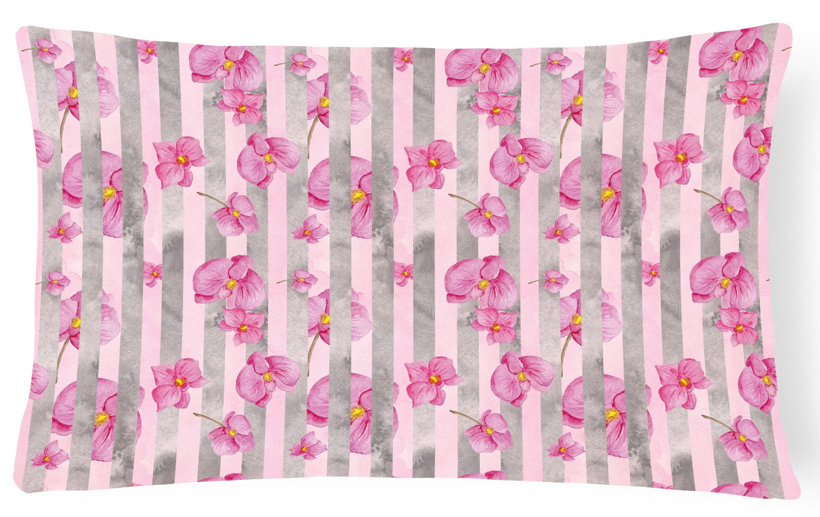 Watercolor Pink Flowers Grey Stripes Canvas Fabric Decorative Pillow BB7502PW1216 by Caroline's Treasures