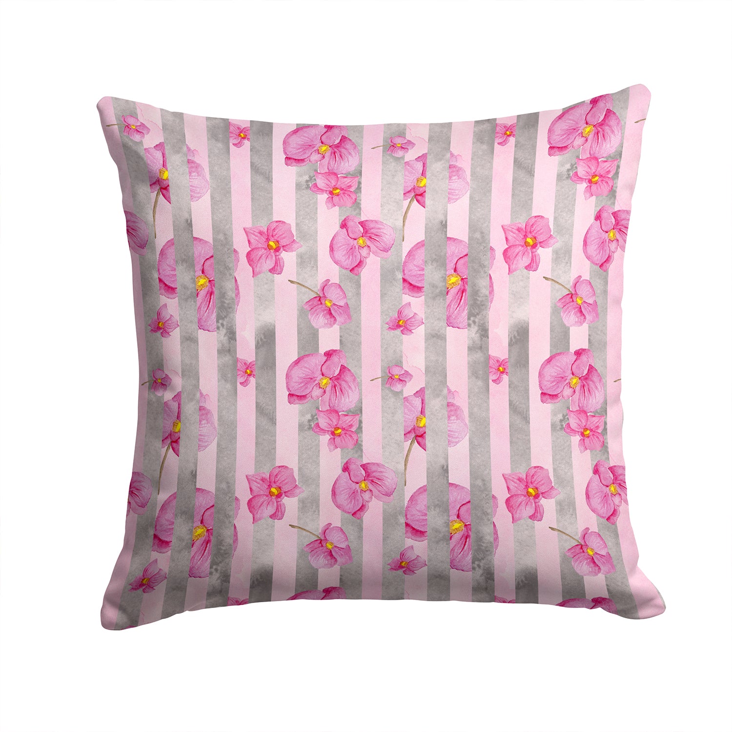 Watercolor Pink Flowers Grey Stripes Fabric Decorative Pillow BB7502PW1414 - the-store.com