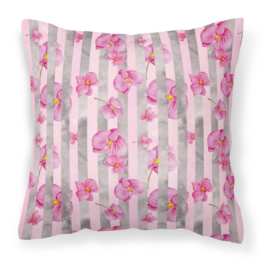 Watercolor Pink Flowers Grey Stripes Fabric Decorative Pillow BB7502PW1818 by Caroline's Treasures