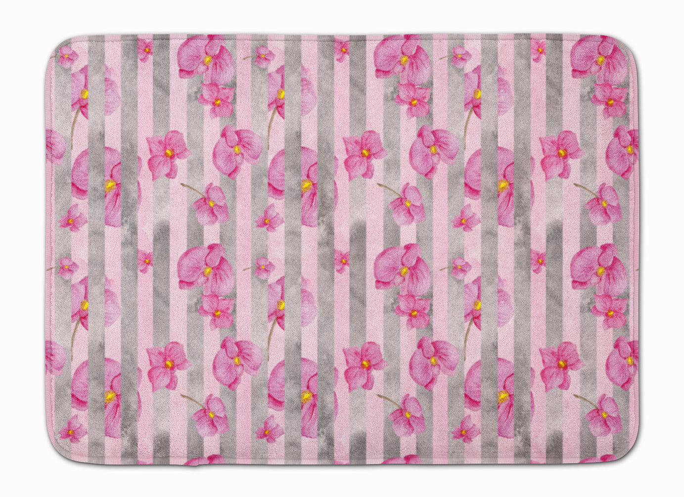Watercolor Pink Flowers Grey Stripes Machine Washable Memory Foam Mat BB7502RUG - the-store.com