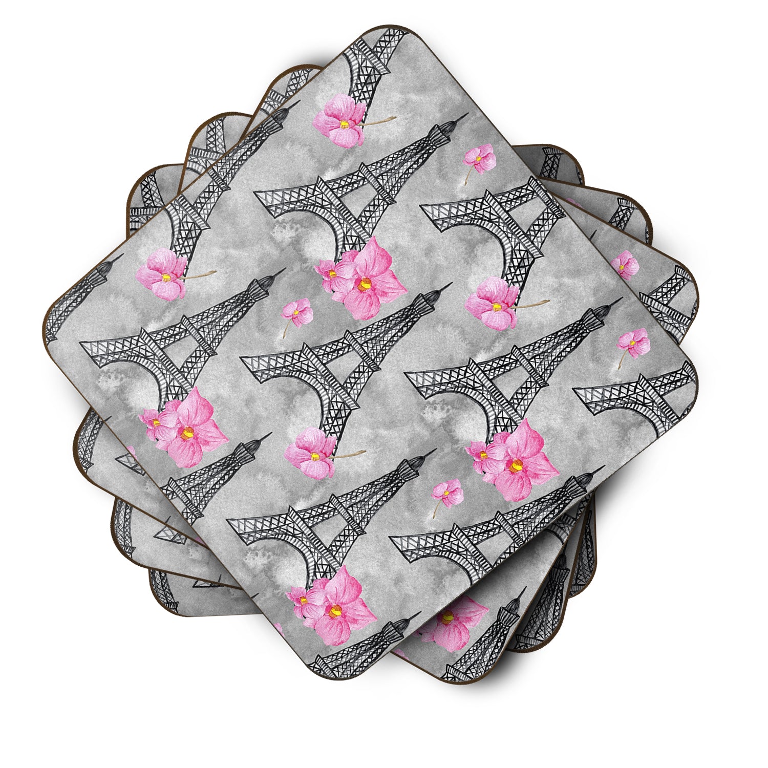Watercolor Pink Flowers Eiffel Tower Foam Coaster Set of 4 BB7503FC - the-store.com