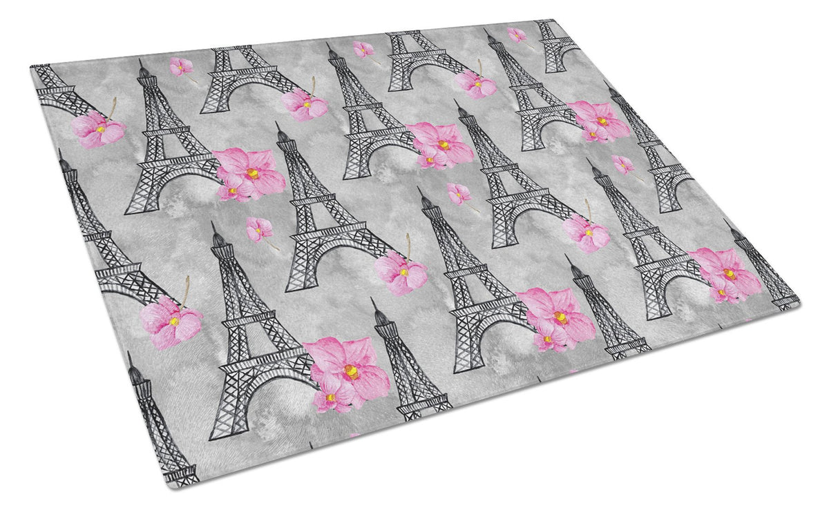 Watercolor Pink Flowers Eiffel Tower Glass Cutting Board Large BB7503LCB by Caroline&#39;s Treasures