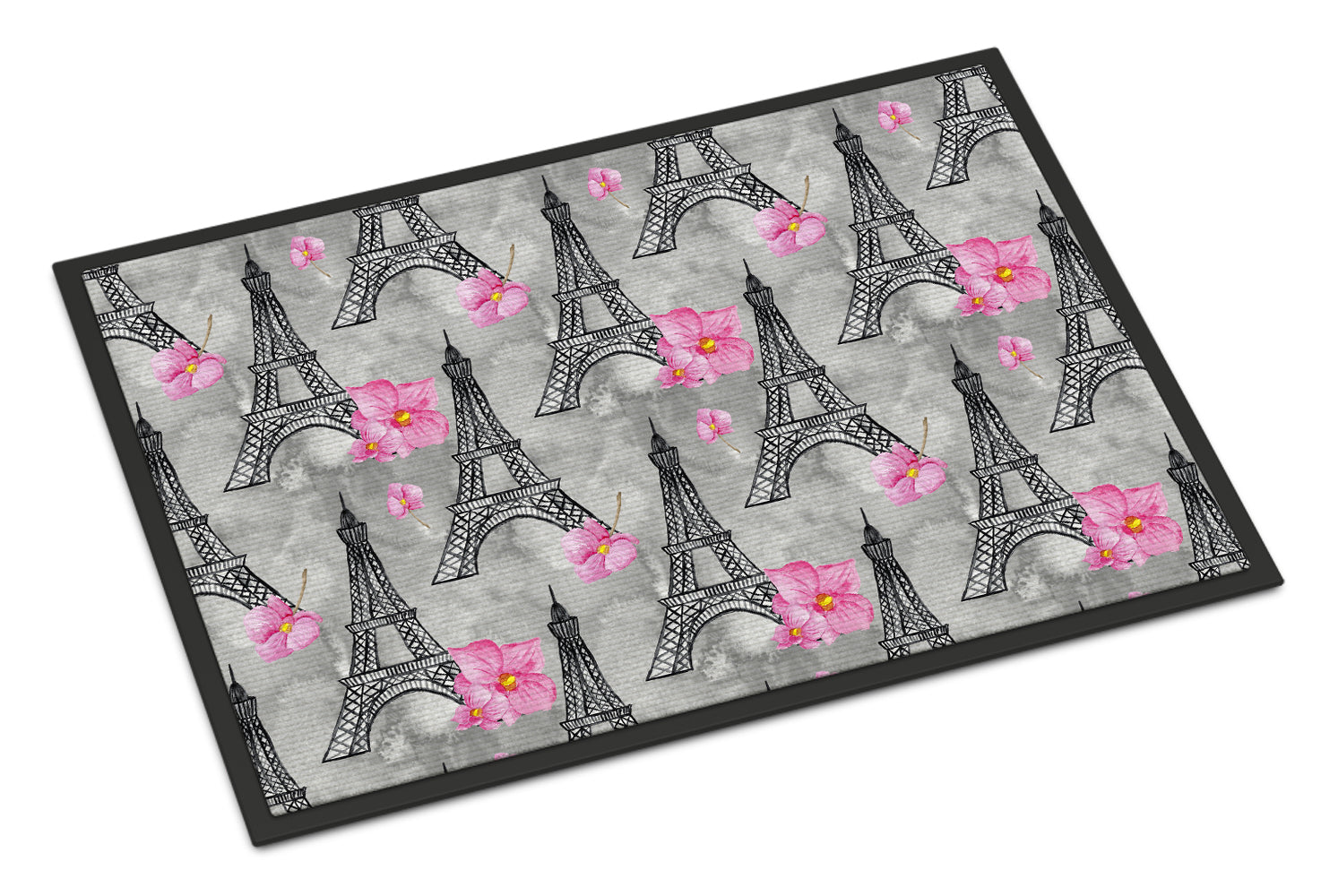 Watercolor Pink Flowers Eiffel Tower Indoor or Outdoor Mat 18x27 BB7503MAT - the-store.com