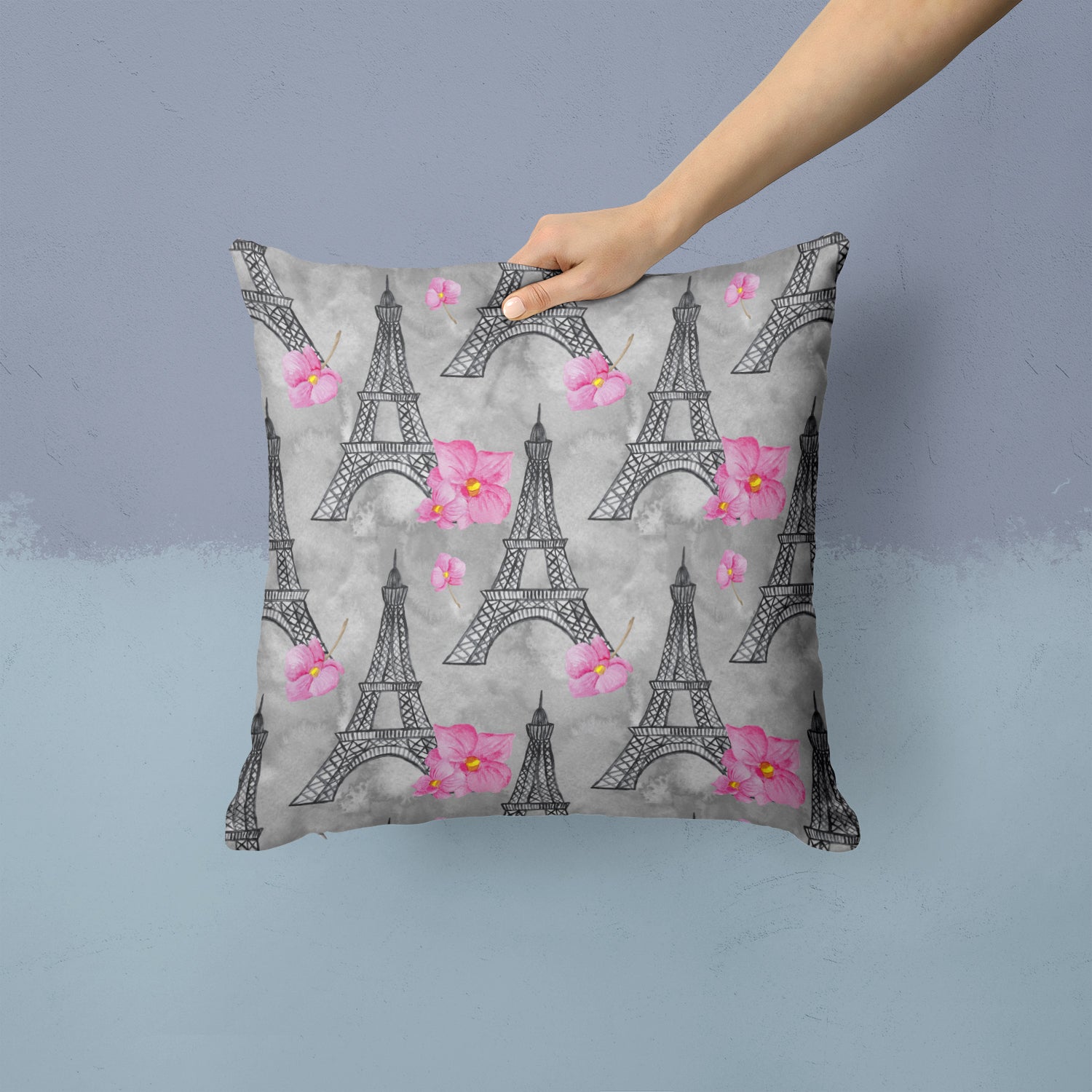 Watercolor Pink Flowers Eiffel Tower Fabric Decorative Pillow BB7503PW1414 - the-store.com