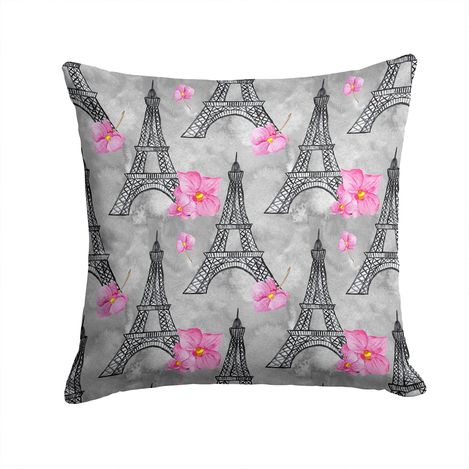 Watercolor Pink Flowers Eiffel Tower Fabric Decorative Pillow BB7503PW1414 - the-store.com