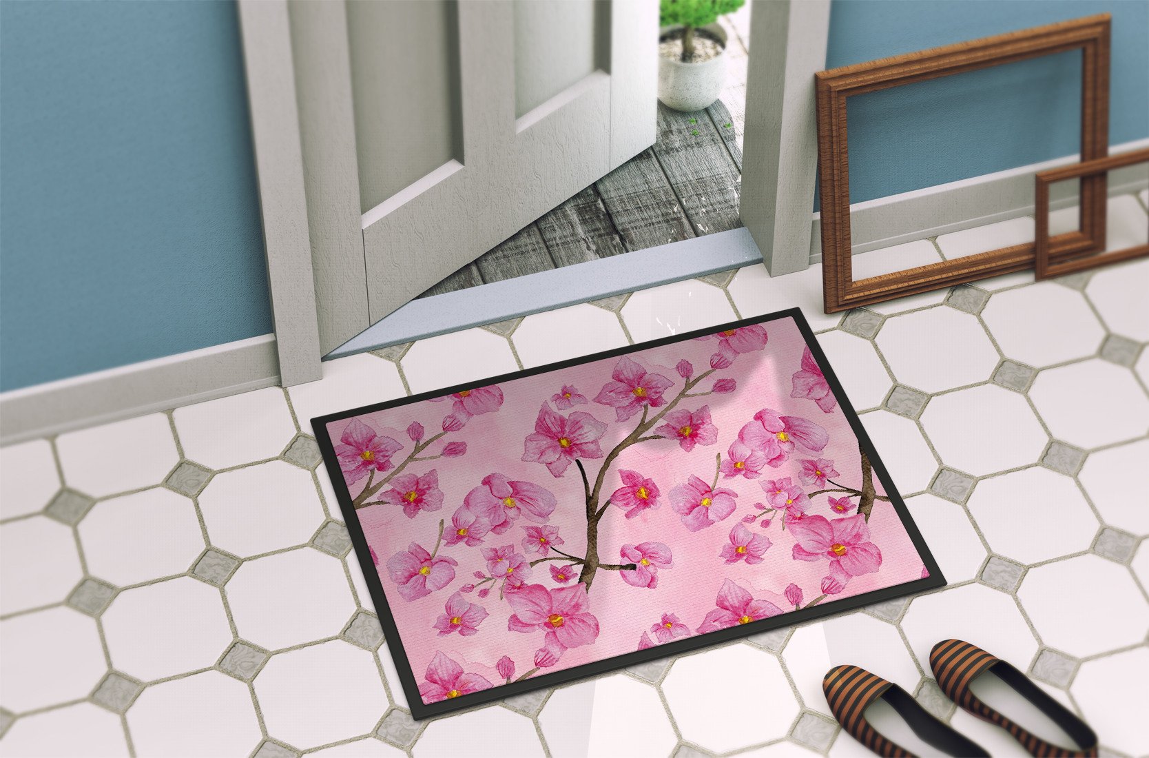 Watercolor Pink Flowers Indoor or Outdoor Mat 24x36 BB7505JMAT by Caroline's Treasures