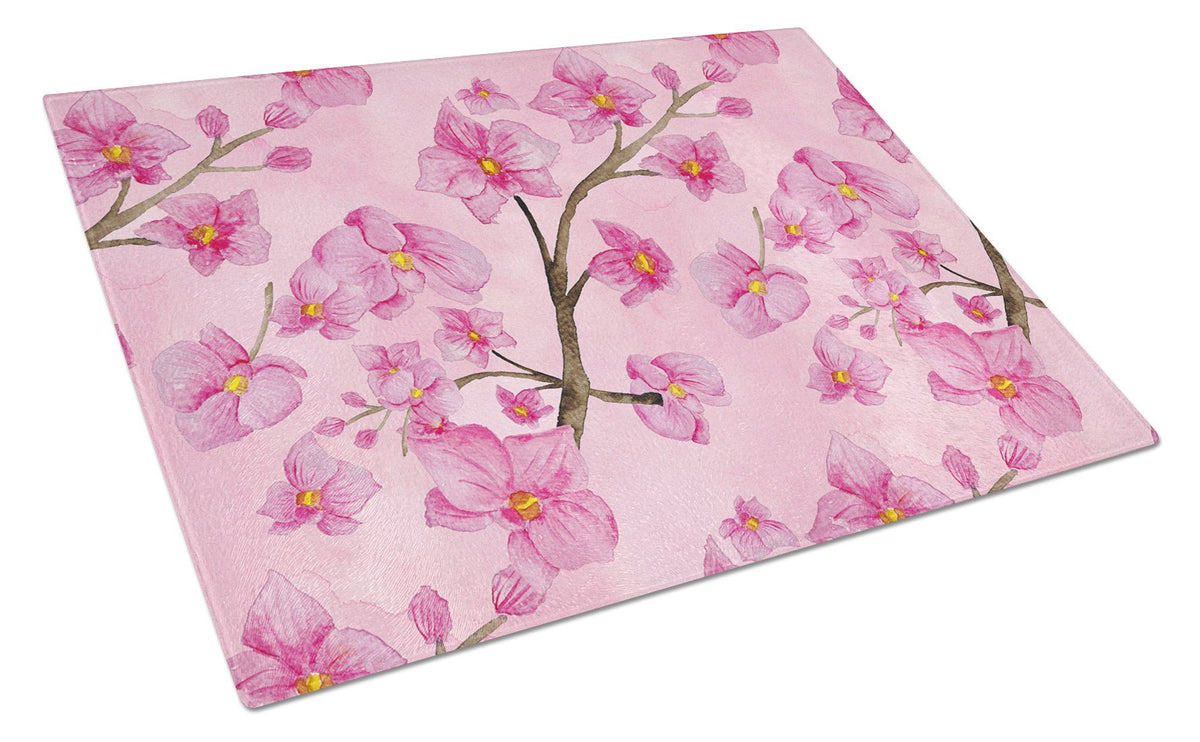 Watercolor Pink Flowers Glass Cutting Board Large BB7505LCB by Caroline&#39;s Treasures