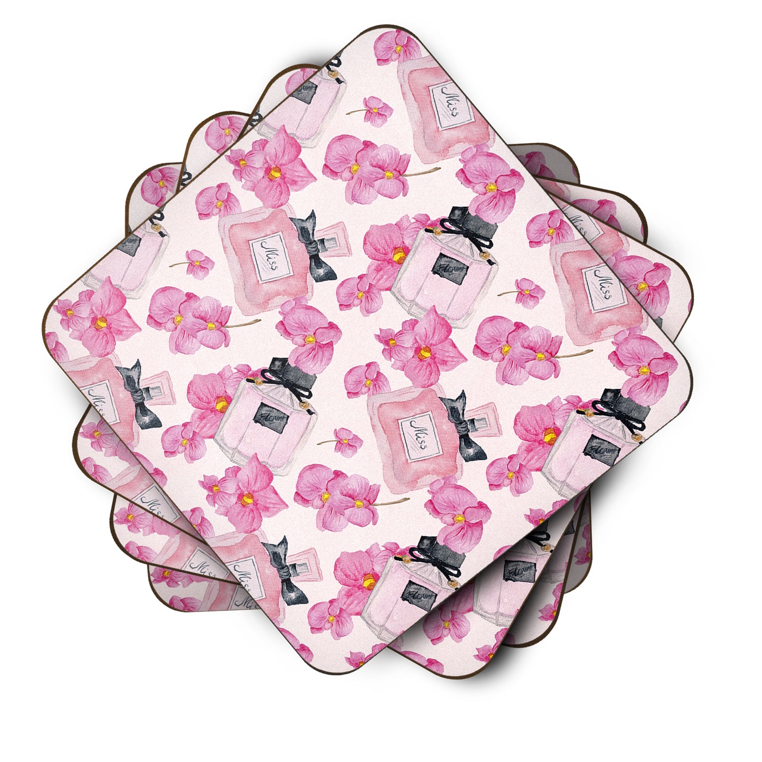 Watercolor Pink Flowers and Perfume Foam Coaster Set of 4 BB7510FC - the-store.com