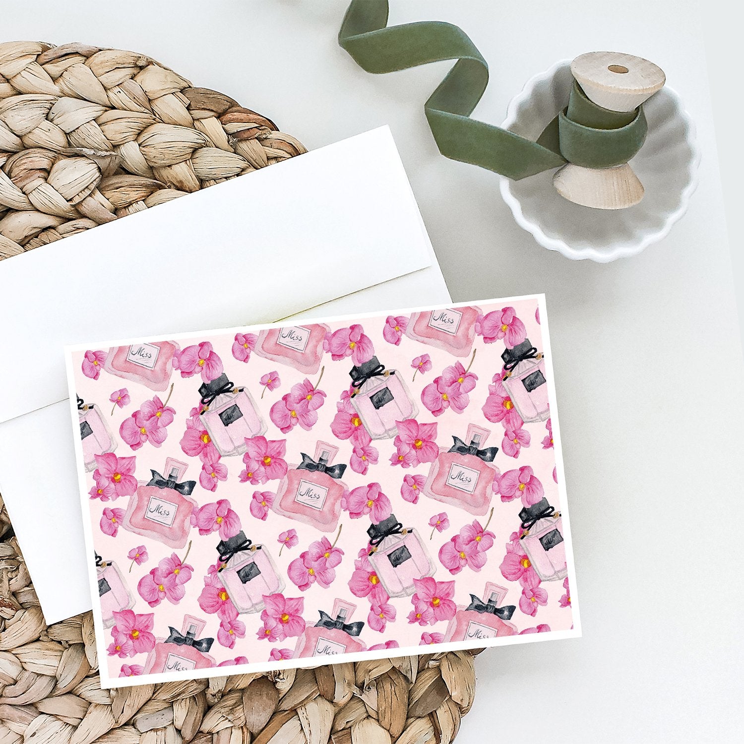 Watercolor Pink Flowers and Perfume Greeting Cards and Envelopes Pack of 8 - the-store.com