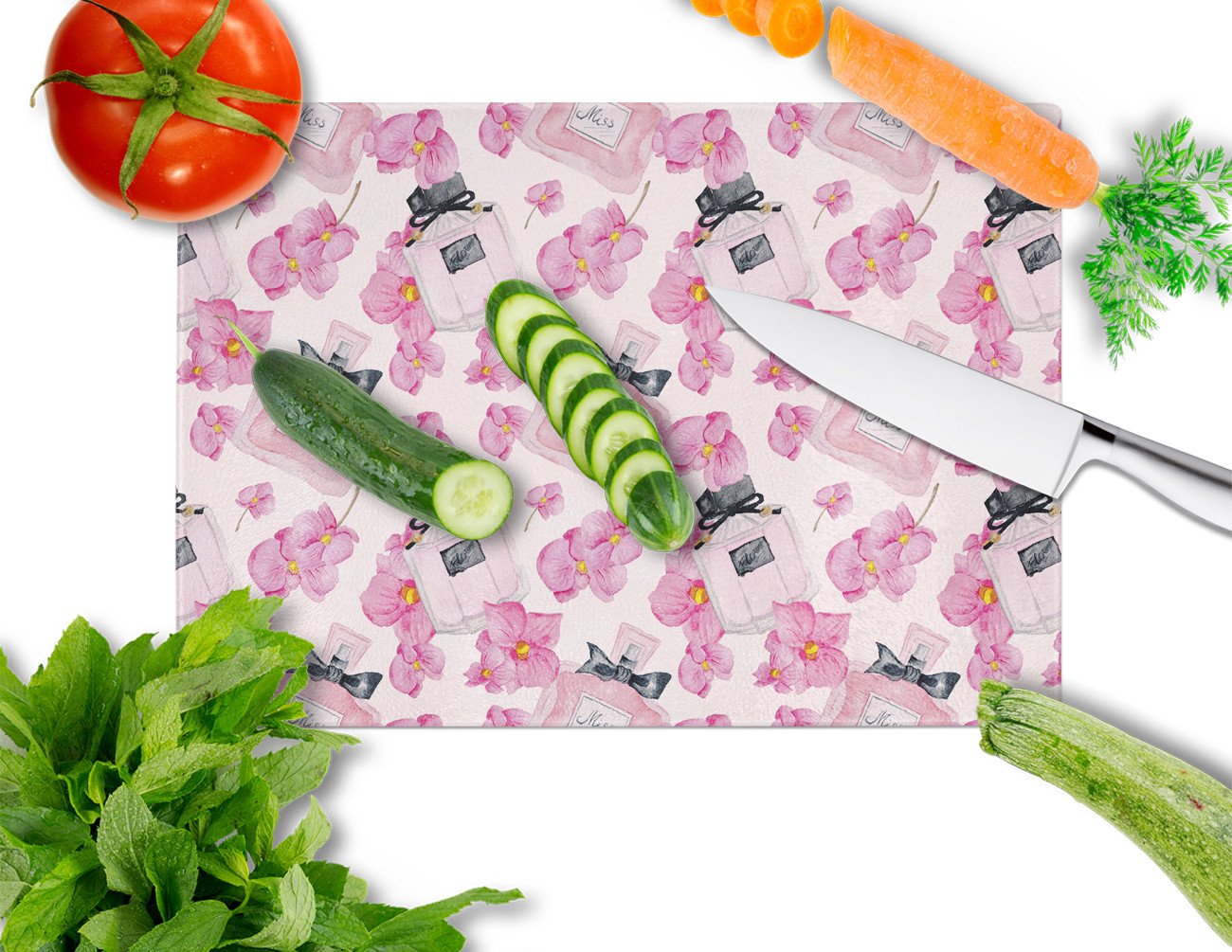 Caroline's Treasures Watercolor Pink Flowers and Perfume Glass Cutting Boards – Durable, Decorative Kitchen Art Large BB7510LCB