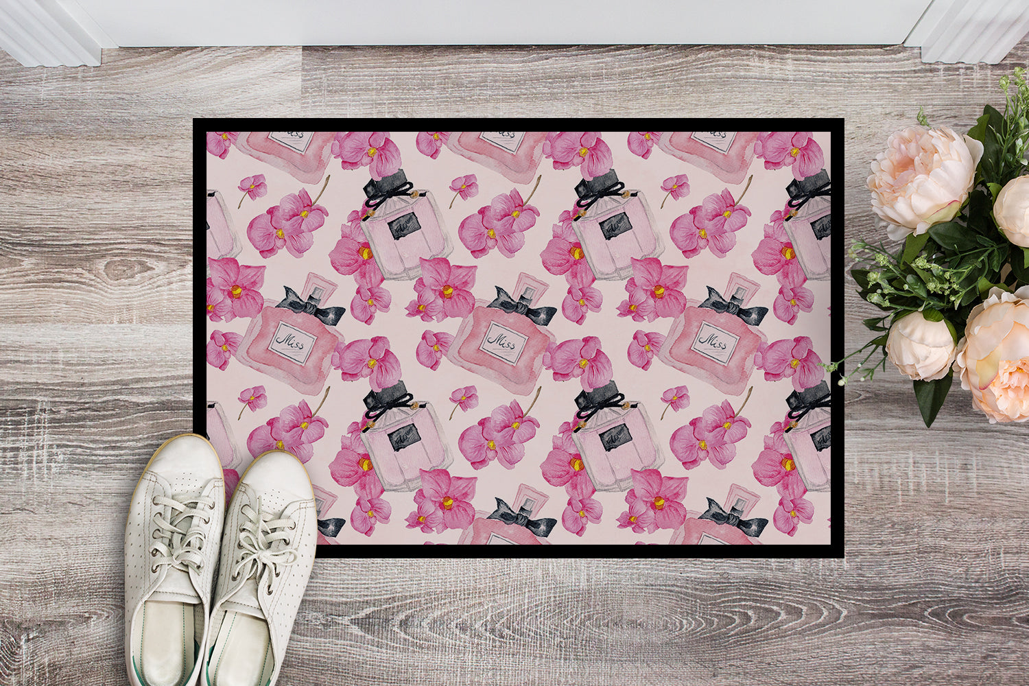 Watercolor Pink Flowers and Perfume Indoor or Outdoor Mat 18x27 BB7510MAT - the-store.com