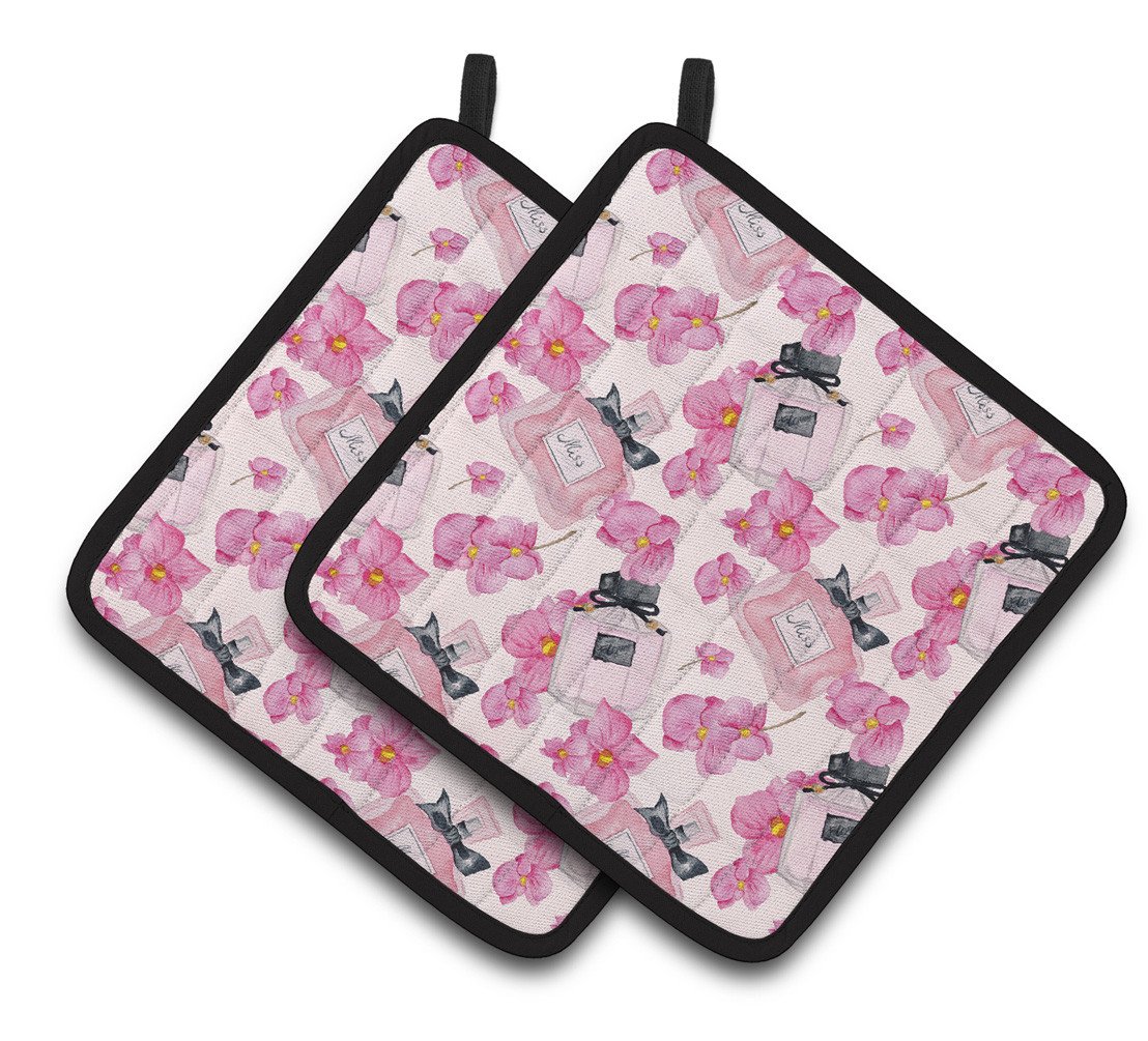 Watercolor Pink Flowers and Perfume Pair of Pot Holders BB7510PTHD by Caroline's Treasures