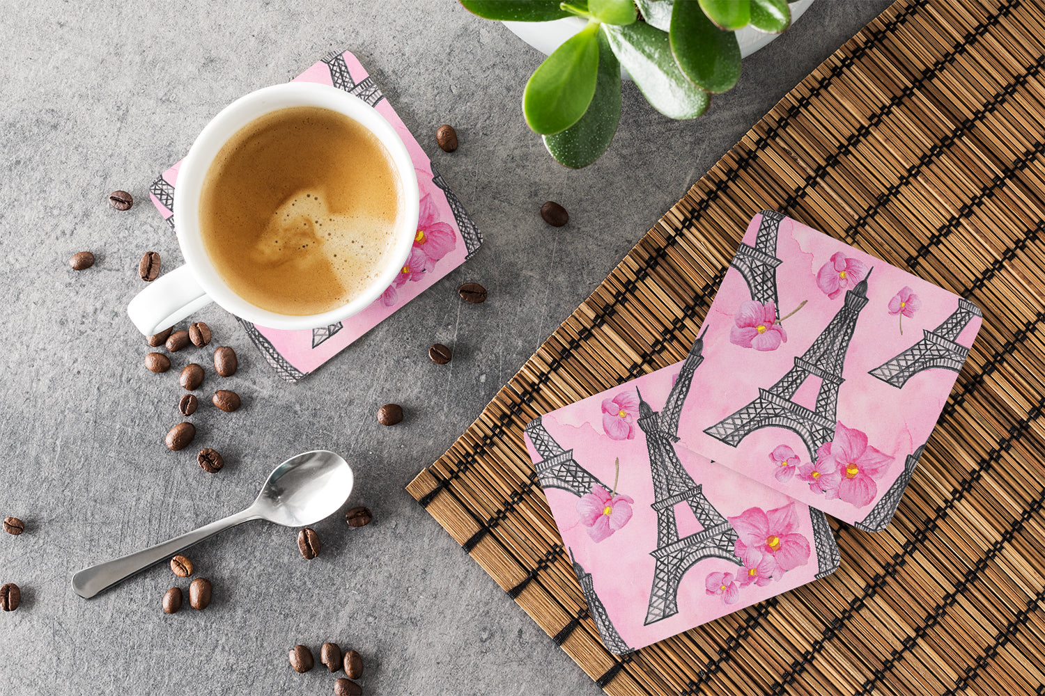 Watercolor Pink Flowers and Eiffel Tower Foam Coaster Set of 4 BB7511FC - the-store.com