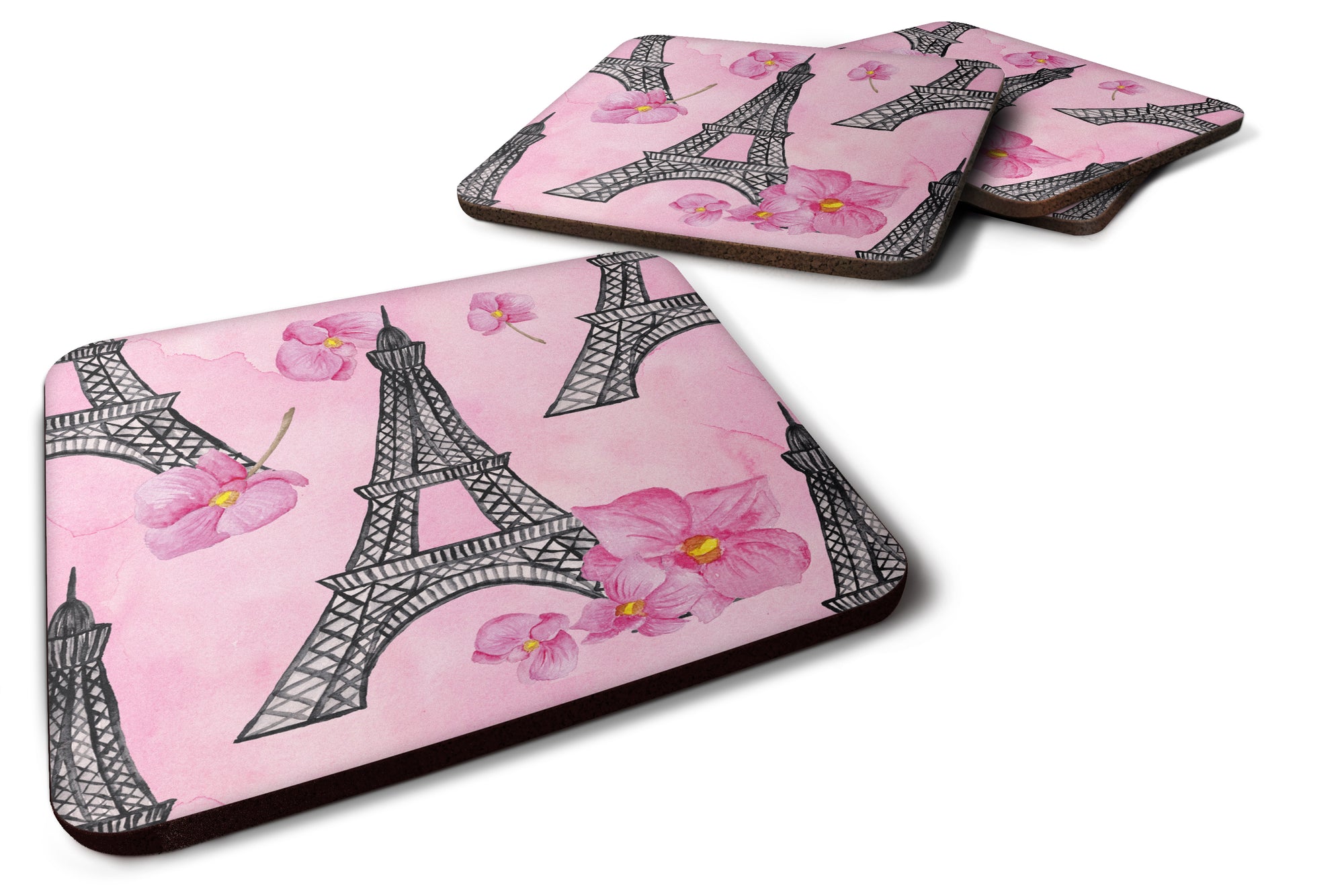 Watercolor Pink Flowers and Eiffel Tower Foam Coaster Set of 4 BB7511FC - the-store.com