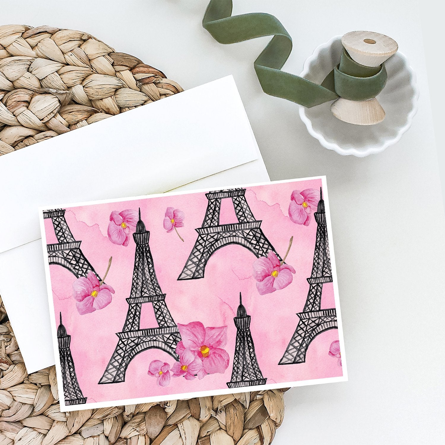 Watercolor Pink Flowers and Eiffel Tower Greeting Cards and Envelopes Pack of 8 - the-store.com