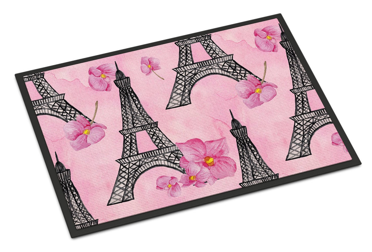 Watercolor Pink Flowers and Eiffel Tower Indoor or Outdoor Mat 24x36 BB7511JMAT by Caroline&#39;s Treasures