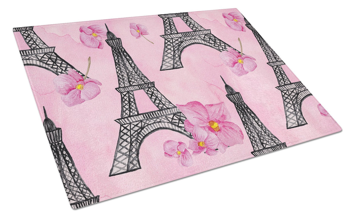 Watercolor Pink Flowers and Eiffel Tower Glass Cutting Board Large BB7511LCB by Caroline&#39;s Treasures