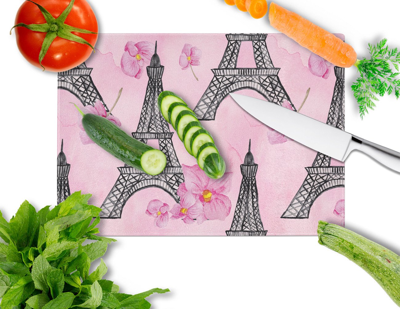 Watercolor Pink Flowers and Eiffel Tower Glass Cutting Board Large BB7511LCB by Caroline's Treasures