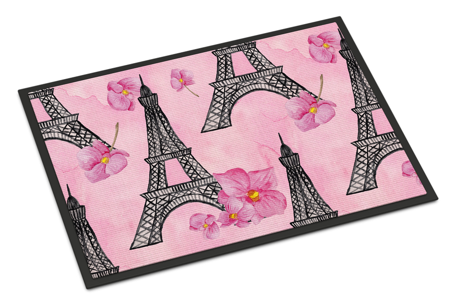 Watercolor Pink Flowers and Eiffel Tower Indoor or Outdoor Mat 18x27 BB7511MAT - the-store.com
