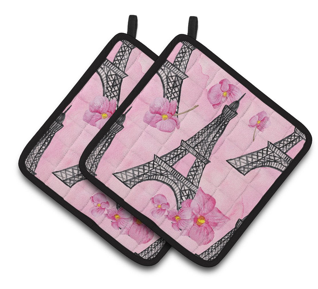 Watercolor Pink Flowers and Eiffel Tower Pair of Pot Holders BB7511PTHD by Caroline&#39;s Treasures