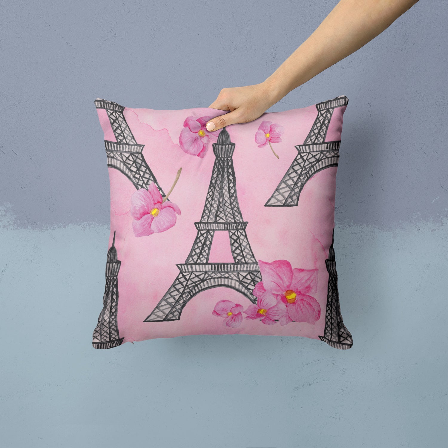 Watercolor Pink Flowers and Eiffel Tower Fabric Decorative Pillow BB7511PW1414 - the-store.com