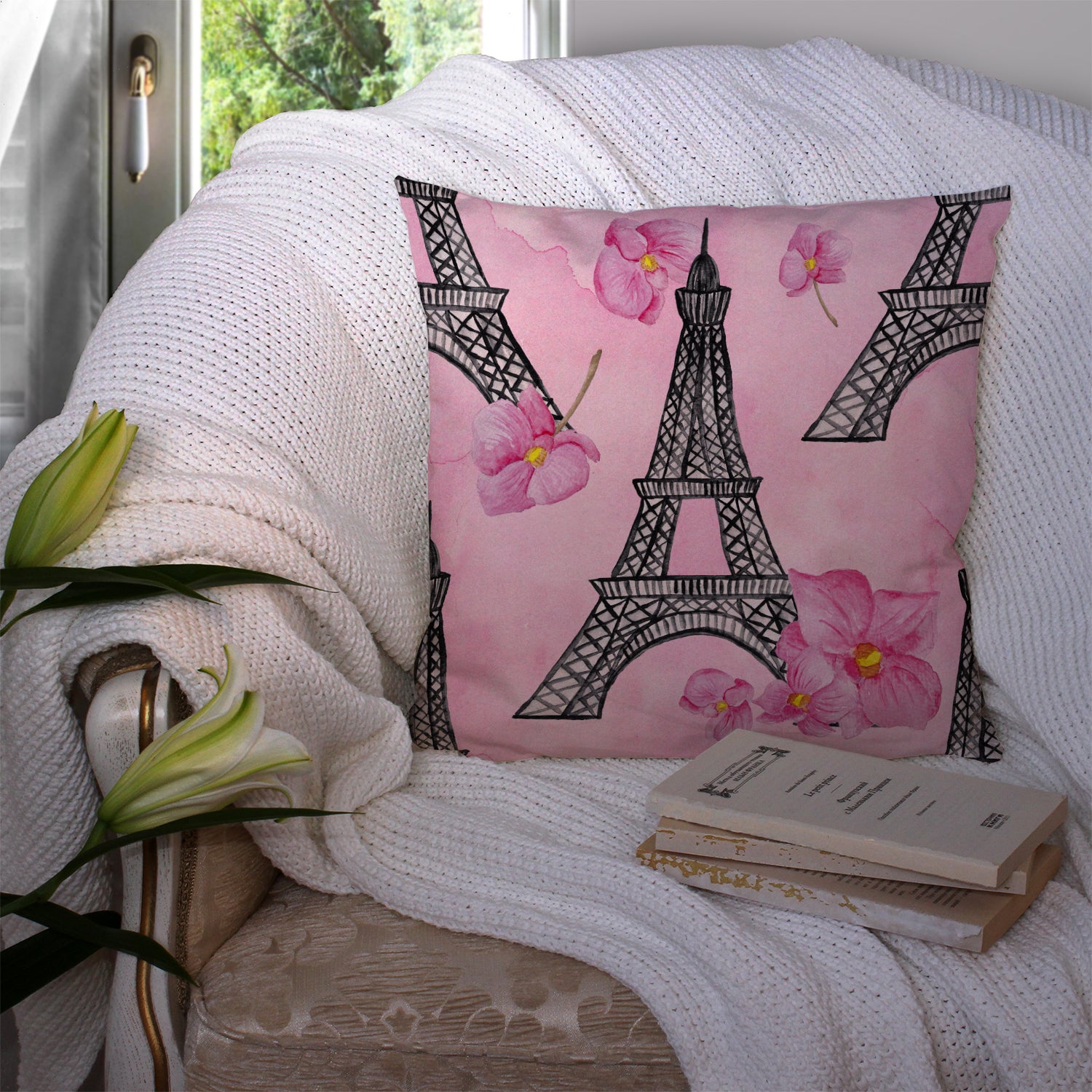 Watercolor Pink Flowers and Eiffel Tower Fabric Decorative Pillow BB7511PW1414 - the-store.com