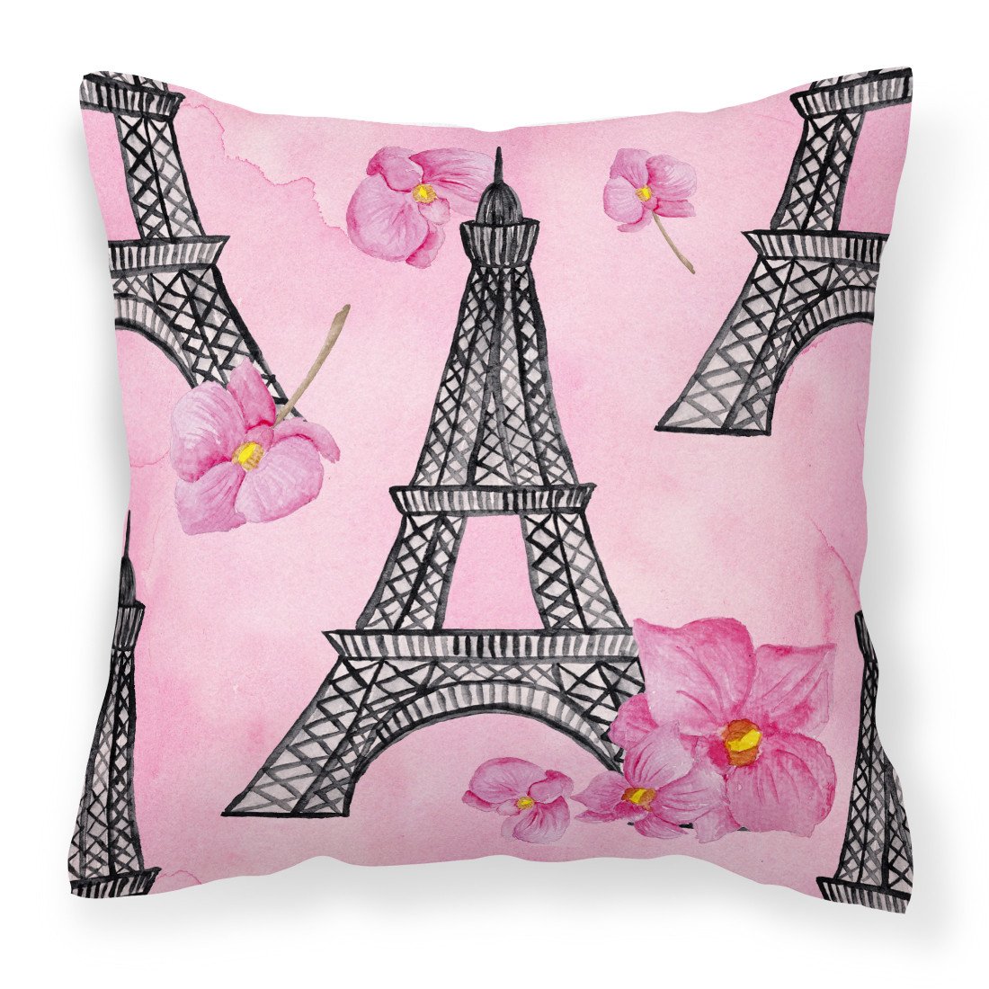 Watercolor Pink Flowers and Eiffel Tower Fabric Decorative Pillow BB7511PW1818 by Caroline&#39;s Treasures
