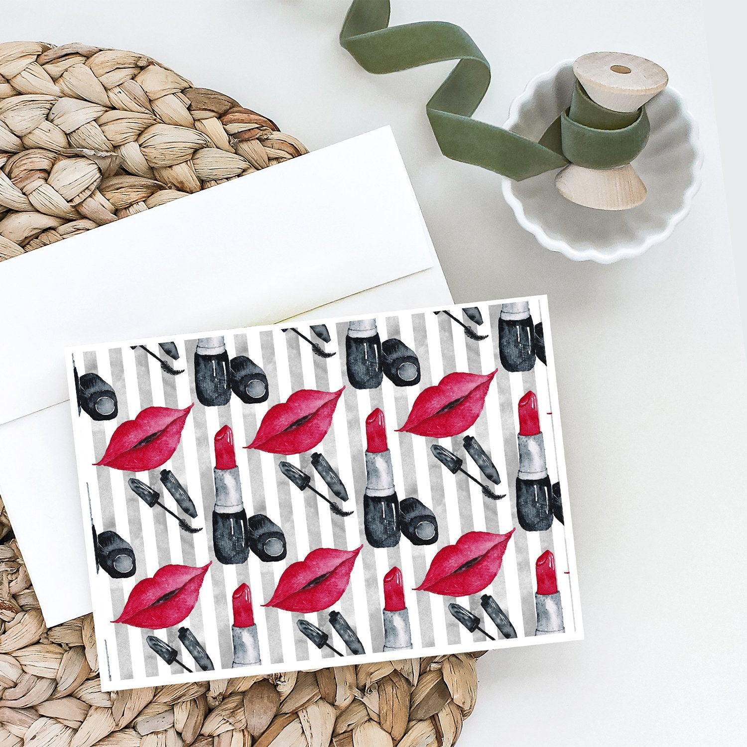 Watercolor Lipstick and Grey Stripes Greeting Cards and Envelopes Pack of 8 - the-store.com
