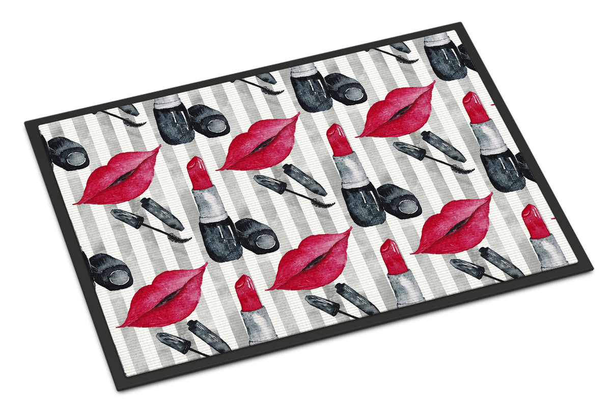 Watercolor Lipstick and Grey Stripes Indoor or Outdoor Mat 18x27 BB7512MAT - the-store.com